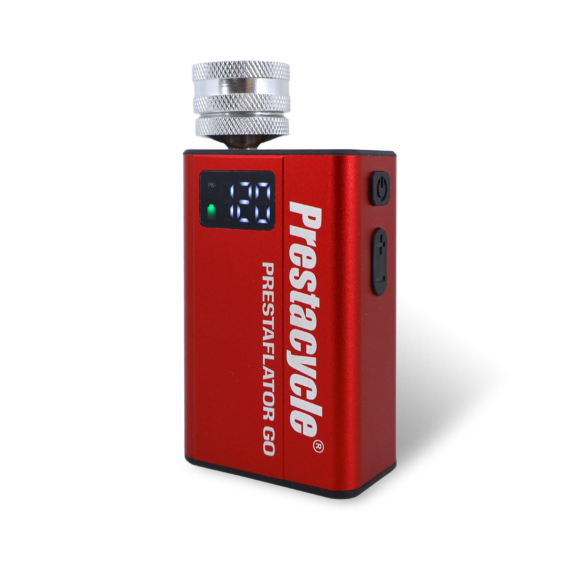 A red Prestaflator GO Portable Digital Rechargeable Preset Bicycle Tyre Inflator with a 19.0 digital display and metal connector, designed for electric bike pumps to achieve perfect tyre pressure.