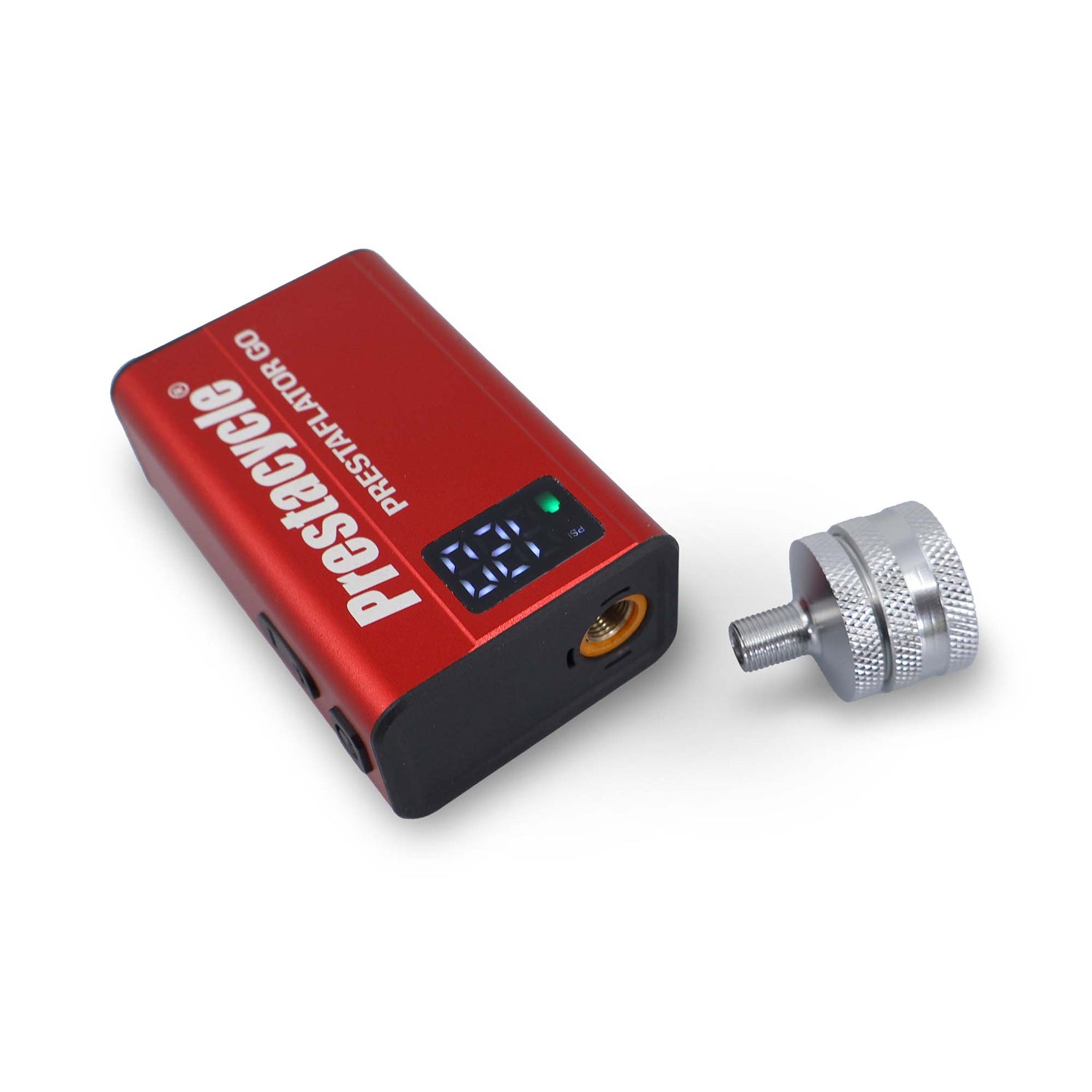 The Prestaflator GO Portable Digital Rechargeable Preset Bicycle Tyre Inflator is shown on a white background beside its red digital pressure gauge with display and silver nozzle, perfect for ensuring accurate tyre pressure.