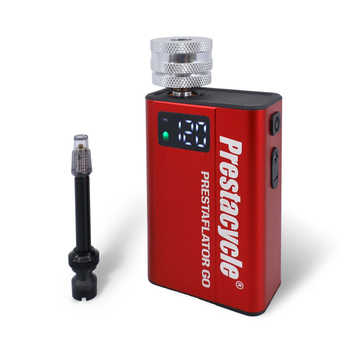 A red Prestaflator GO Portable Digital Rechargeable Preset Bicycle Tyre Inflator, displaying 18.0, sits beside a black valve adapter on a white background, ready to provide precise tyre pressure for your bike.