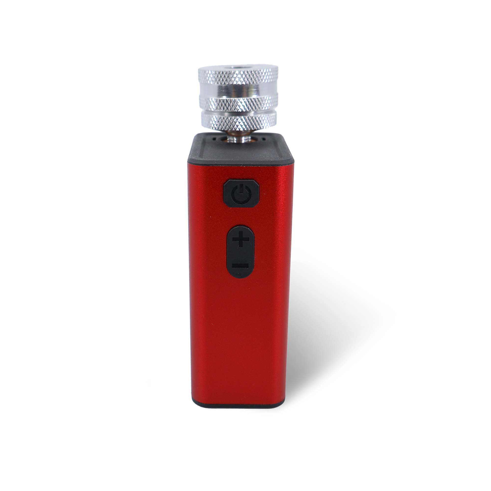 The Prestaflator GO is a compact, red rechargeable inflator with a silver knob, power button, and plus/minus controls, making it easy to achieve perfect bicycle tyre pressure every time.