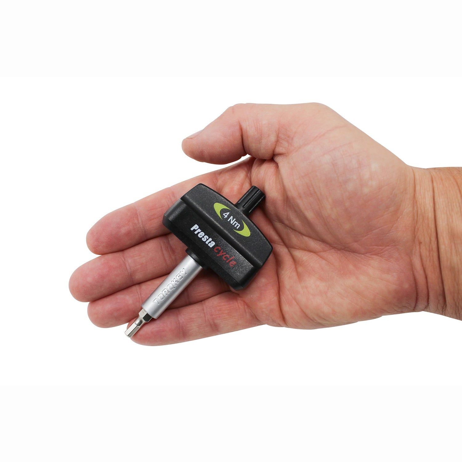 A hand holds the Prestacycle Mini TorqKeys, a calibration-free preset torque tool in black and silver, clearly marked at 4Nm—ideal for precise work without a traditional torque wrench. Includes 6 bits &amp; holder, 3Nm/4Nm/5Nm bundle.
