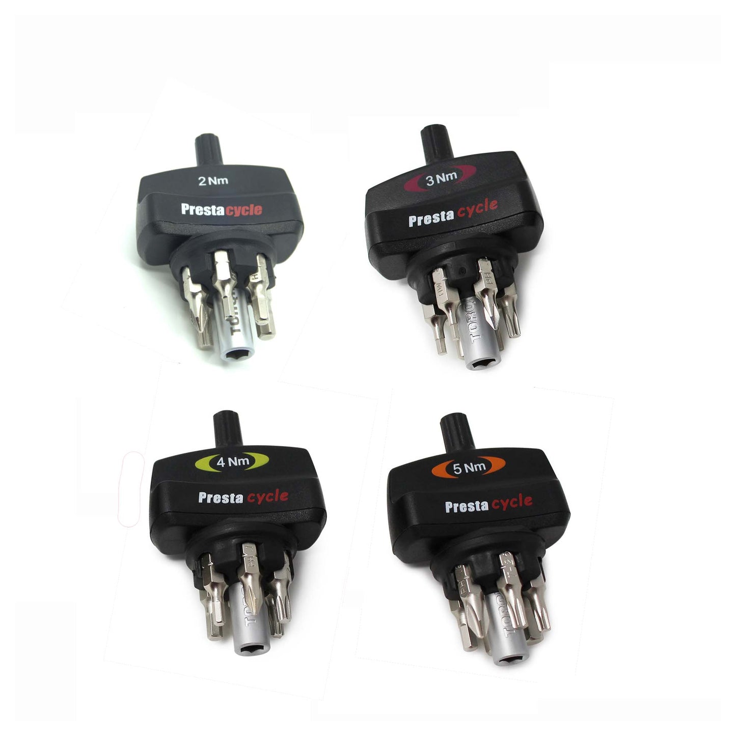 Four Prestacycle Mini TorqKeys preset torque tools (2Nm, 3Nm, 4Nm & 5Nm) with 6 metal bits and holder, arranged on a white background—ideal for precise bike maintenance.