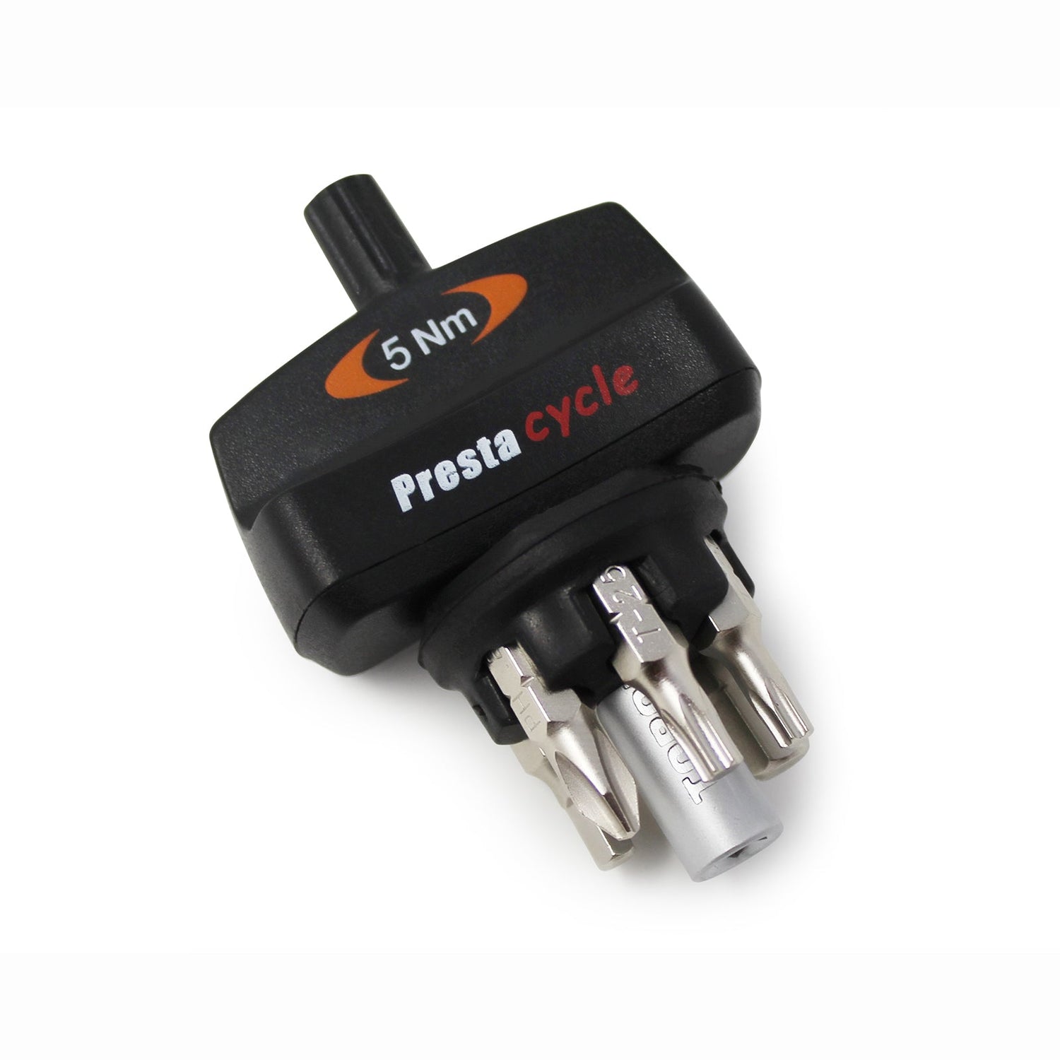 The Prestacycle Mini TorqKeys Bundle is a compact, ergonomic preset torque tool with 2Nm, 3Nm, 4Nm &amp; 5Nm settings. It includes six bits and a holder for versatile bike maintenance, featuring clear labeling and a comfortable grip.