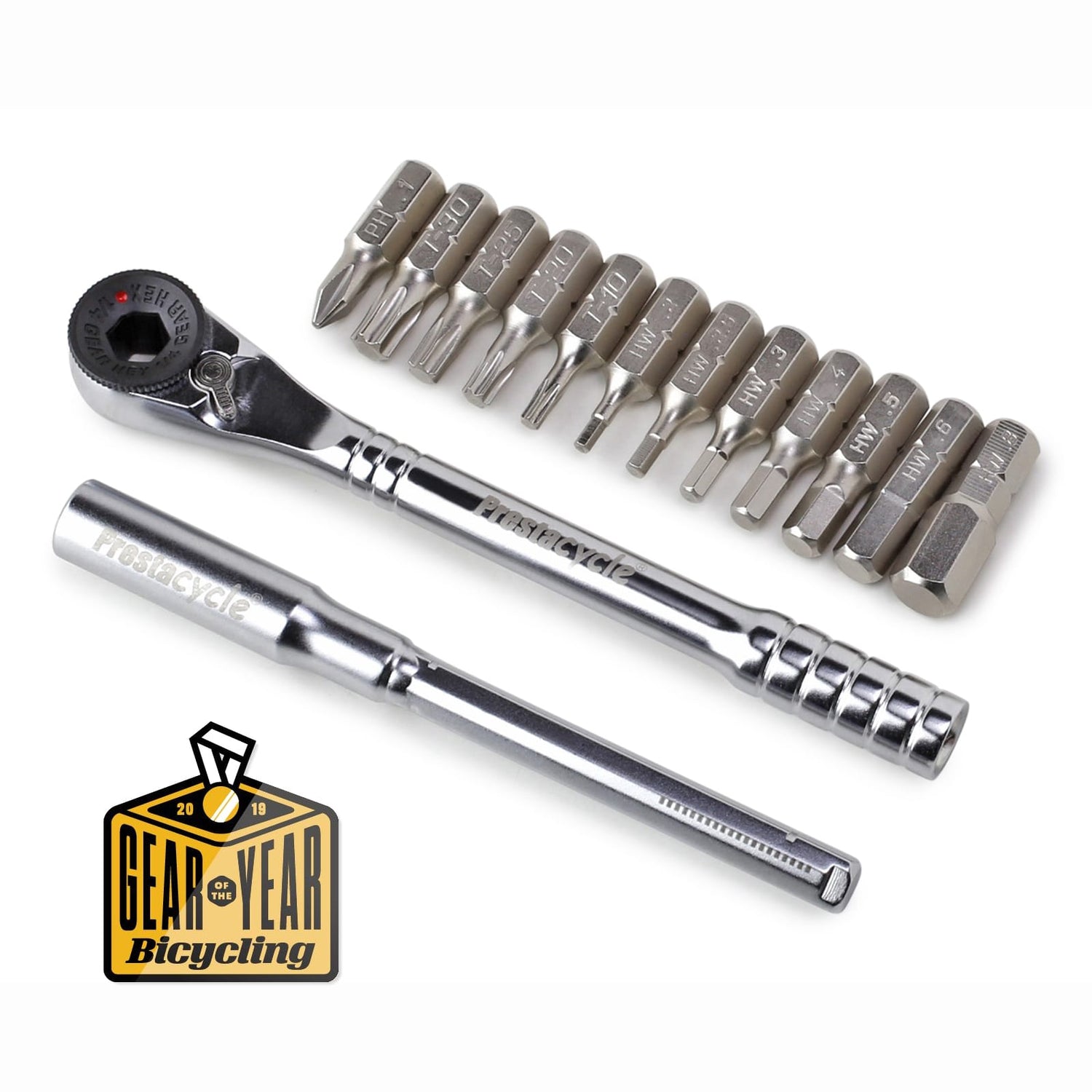 The Prestacycle Pro T-Handle Kit, featuring 12 S2 bits and 2 round holders, is arranged neatly with a Gear of the Year Bicycling 2019 badge in the lower left corner.