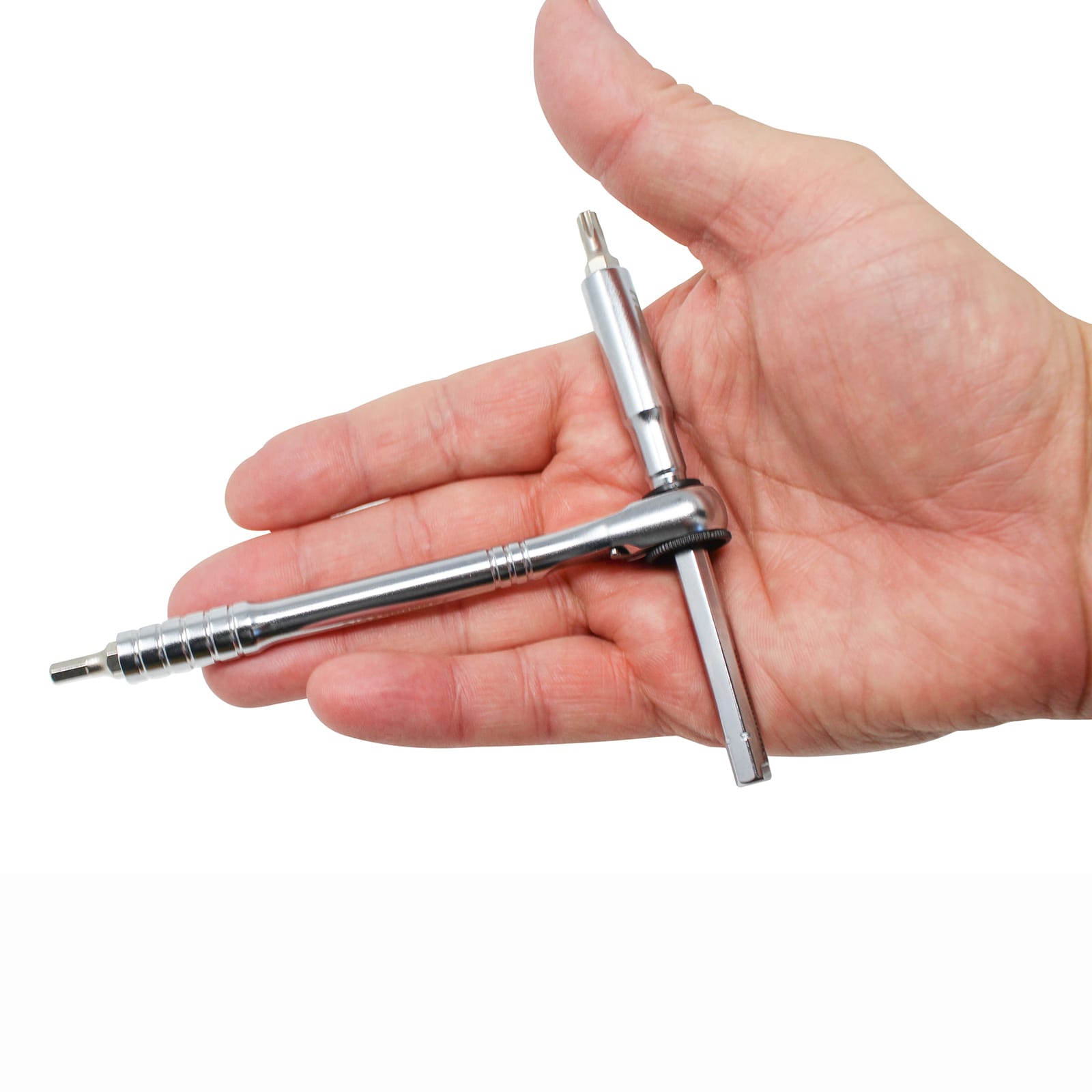 A hand holds the Prestacycle Pro T-Handle Kit with 12 S2 bits and 2 round holders, a compact silver ratchet screwdriver with interchangeable 1/4 inch bit, displayed against a white background.