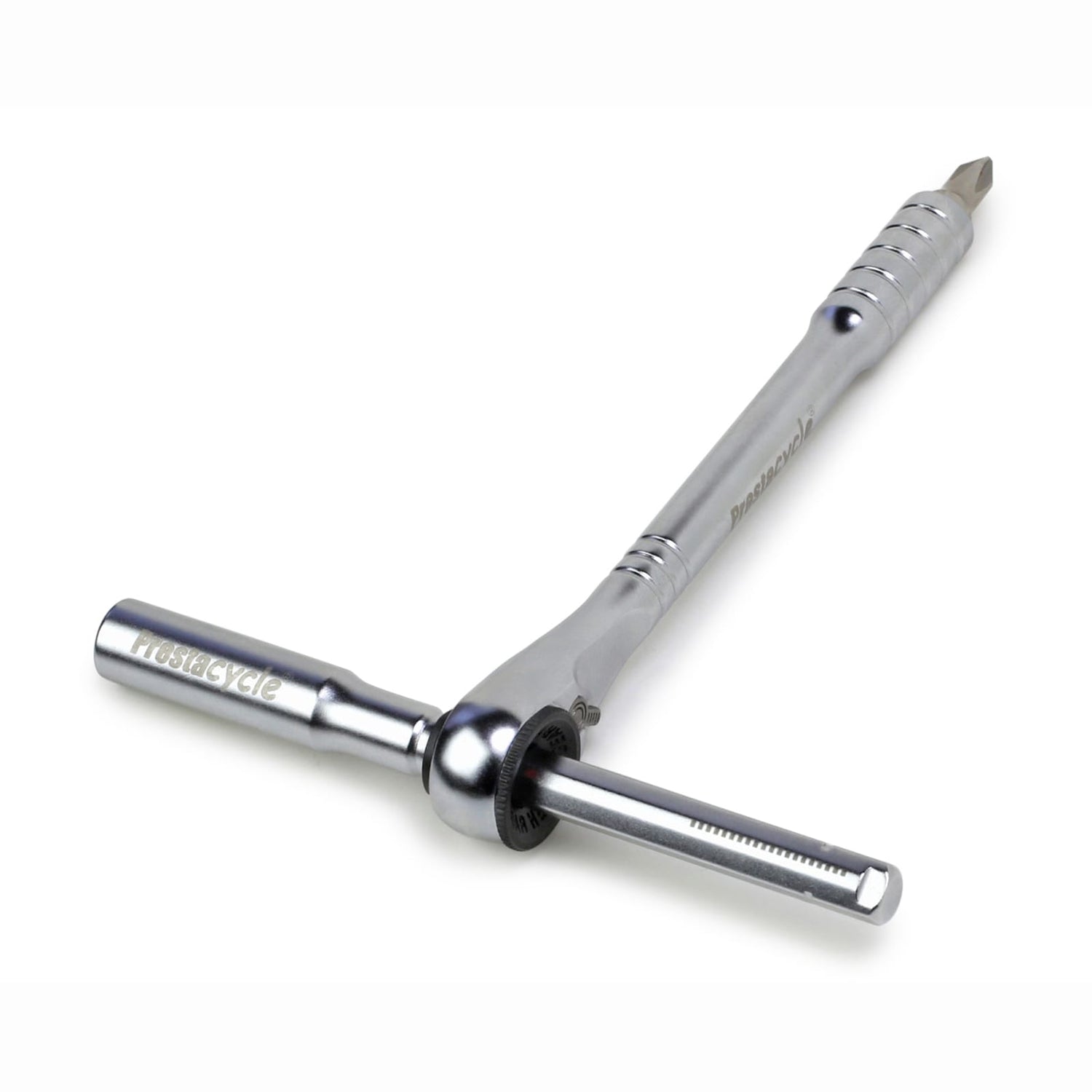 The Prestacycle Pro T-Handle Kit includes a silver metal ratcheting screwdriver with straight handle, perpendicular rotating grip, and Phillips 1/4 bit—perfect for any Desktop Ratchet Set. Comes with (12) S2 bits and (2) round holders.