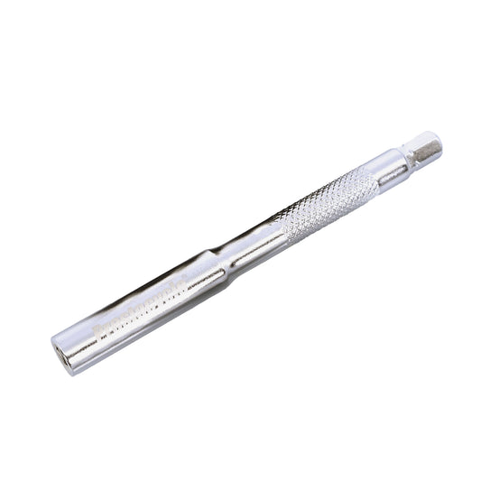The Prestacycle 100mm Bits Extension features a textured grip and cylindrical shaft, making it ideal for heavy-duty pin or fastener removal—compatible with 1/4” hex bits for versatile use in various tasks.