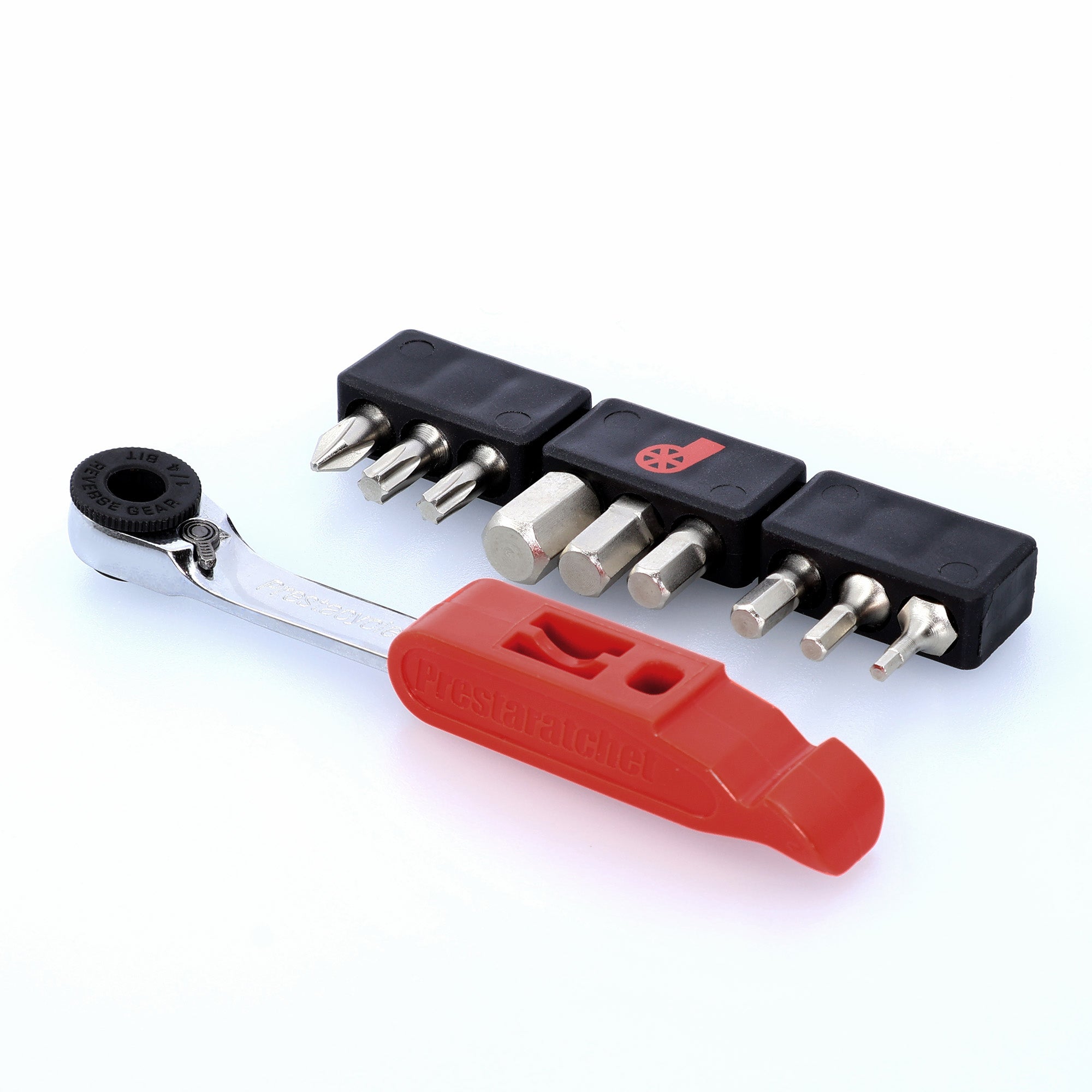 The Prestacycle GO Bundle is an 8-in-1 compact multi-tool wrench kit, featuring interchangeable bits, a black bit holder with assorted screwdriver heads, and a red piece labeled Prestaratchet—all arranged on a white background.