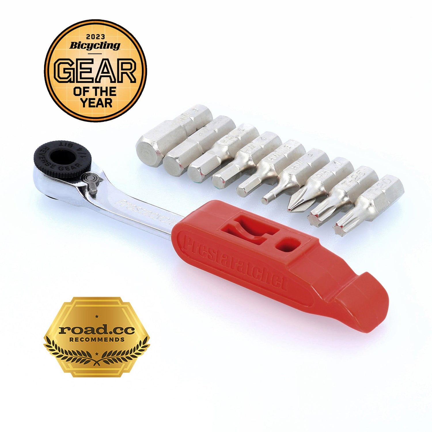 The Prestaratchet GO is a compact 5-in-1 ratcheting multi-tool kit with a red handle, nine metal screwdriver bits, and two awards: 2023 Bicycling Gear of the Year and road.cc recommends.