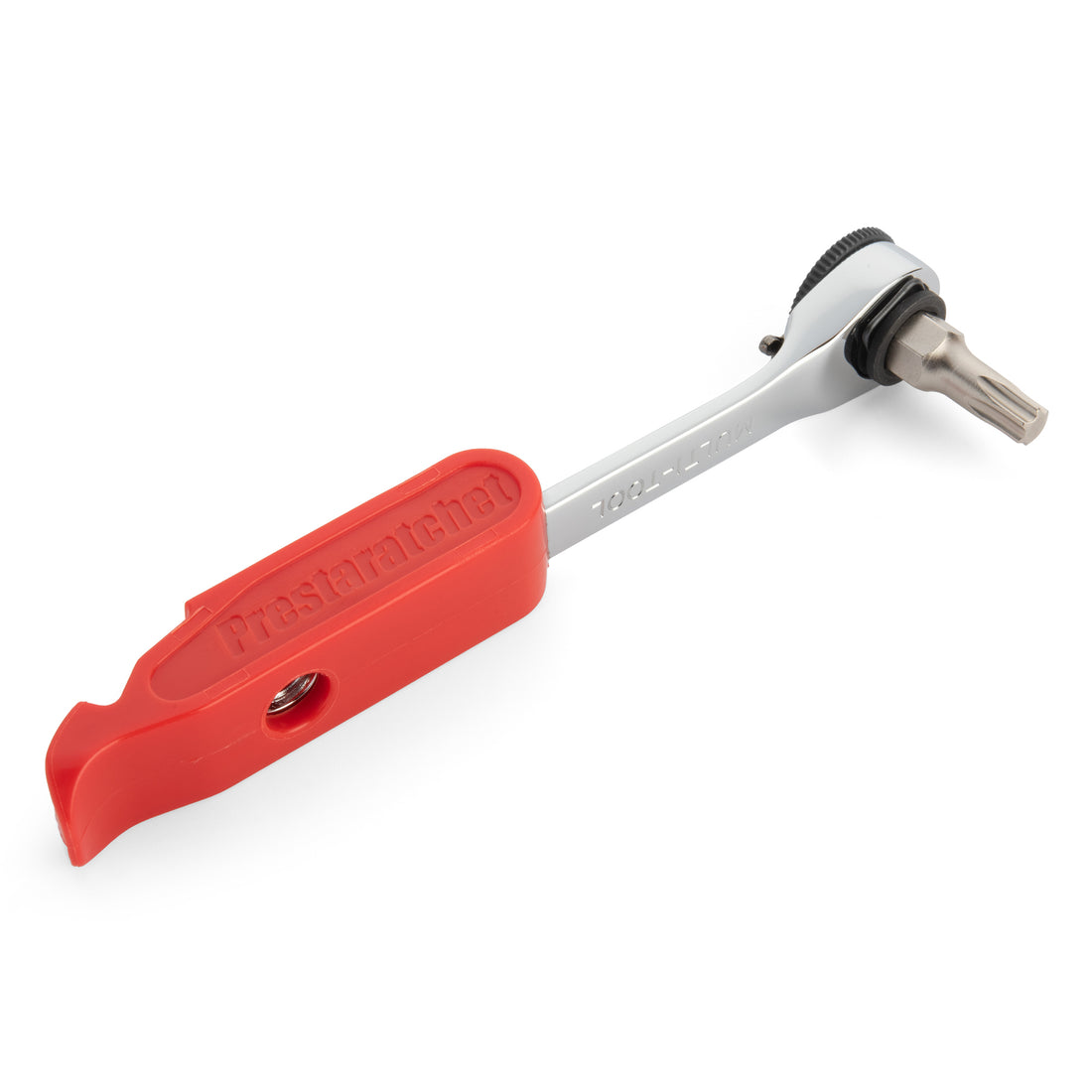 The Prestaratchet GO Multi-tool Kit is a metal ratcheting tool with a red plastic handle labeled “Prestacycle,” socket bit attachment, and hanging hole. A compact 5-in-1 bicycle multi-tool, perfect for quick repairs on the go.