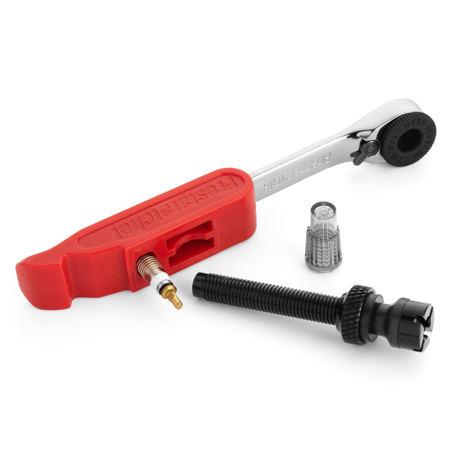 The Prestacycle GO Bundle is a complete 8-in-1 bicycle tool kit with a red tire lever, silver ratchet wrench, valve core remover, Presta valve core, and silver valve cap—perfect to pair with your ratcheting multi-tool.