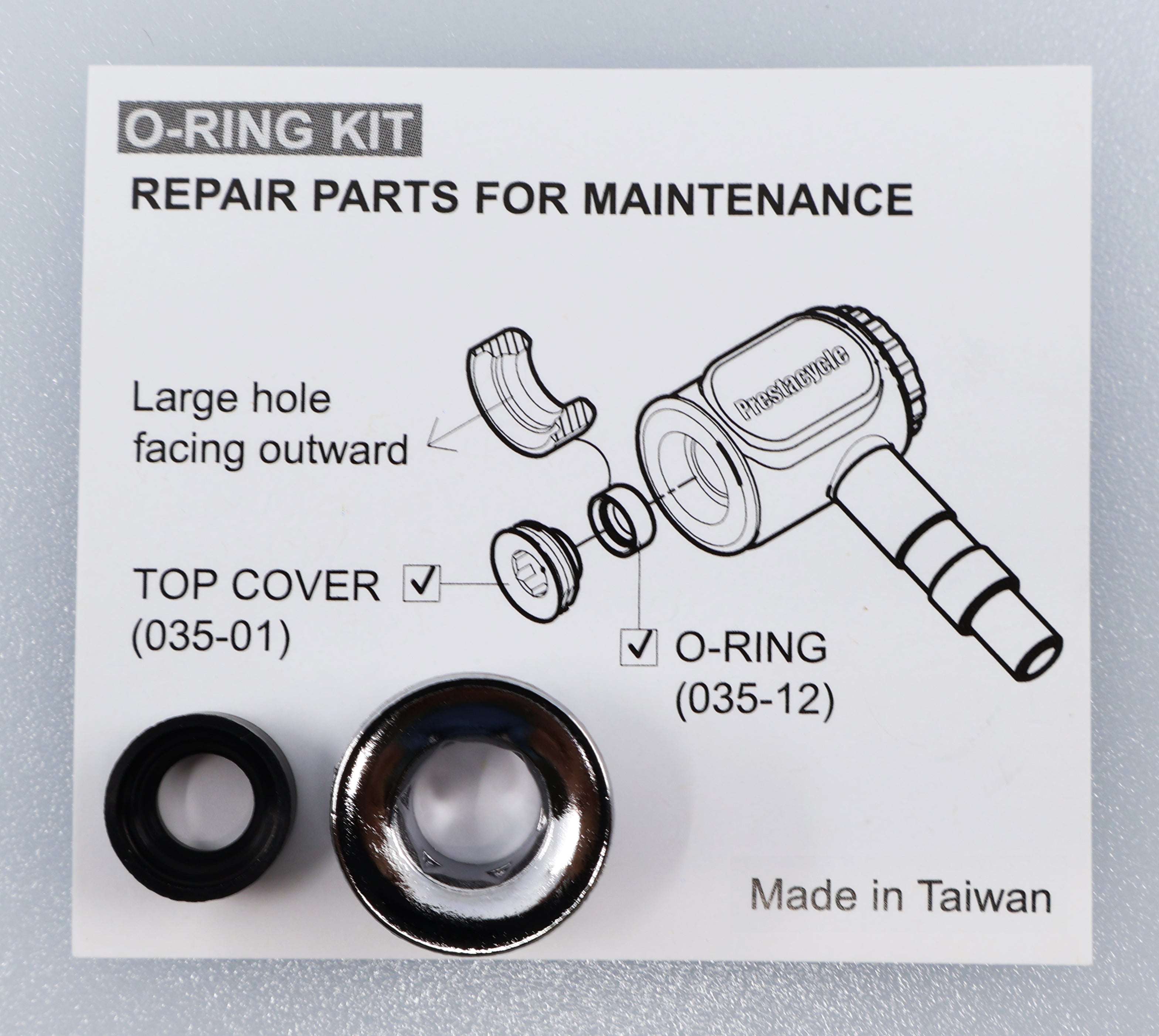 The Prestaflator Pro Presta Head Rebuild Kit includes two parts—Top Cover (035-01) and O-Ring (035-12)—shown in an assembly diagram labeled “Repair Parts for Maintenance.” Ensure the large hole faces outward during installation.