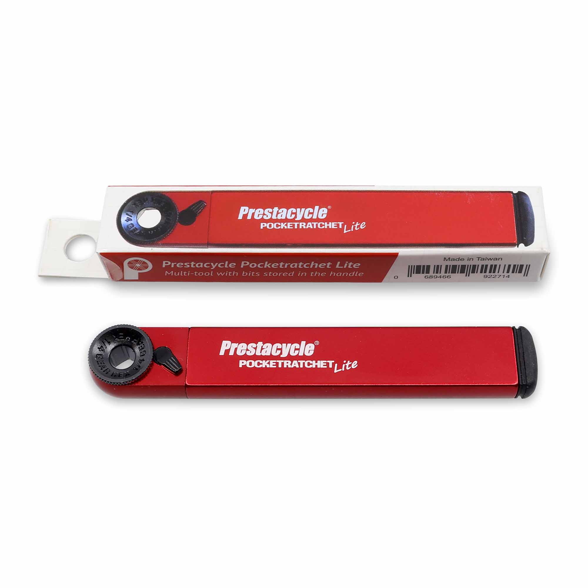 A Prestacycle PocketRatchet Lite pocket multi-tool with bits stored in the handle is shown in red beside its packaging, both displayed on a white background.