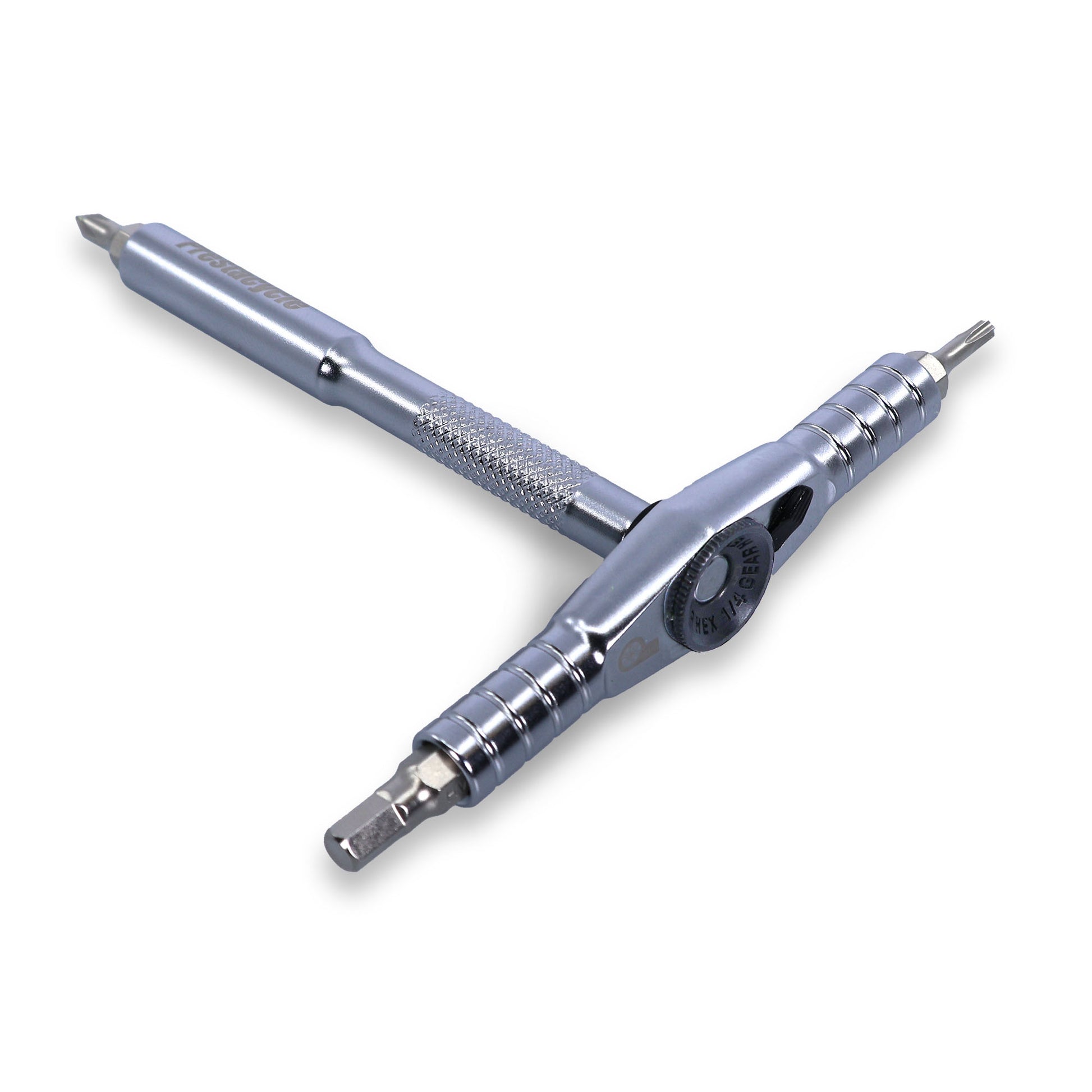 The Prestacycle T-Ratchet Pro Wallet Kit by Prestacycle is a silver metal Y-shaped handheld multi-tool with S2 Steel Hex Bits and a textured grip, perfect as a T-Ratchet Tool or bicycle tool, shown on a white background.