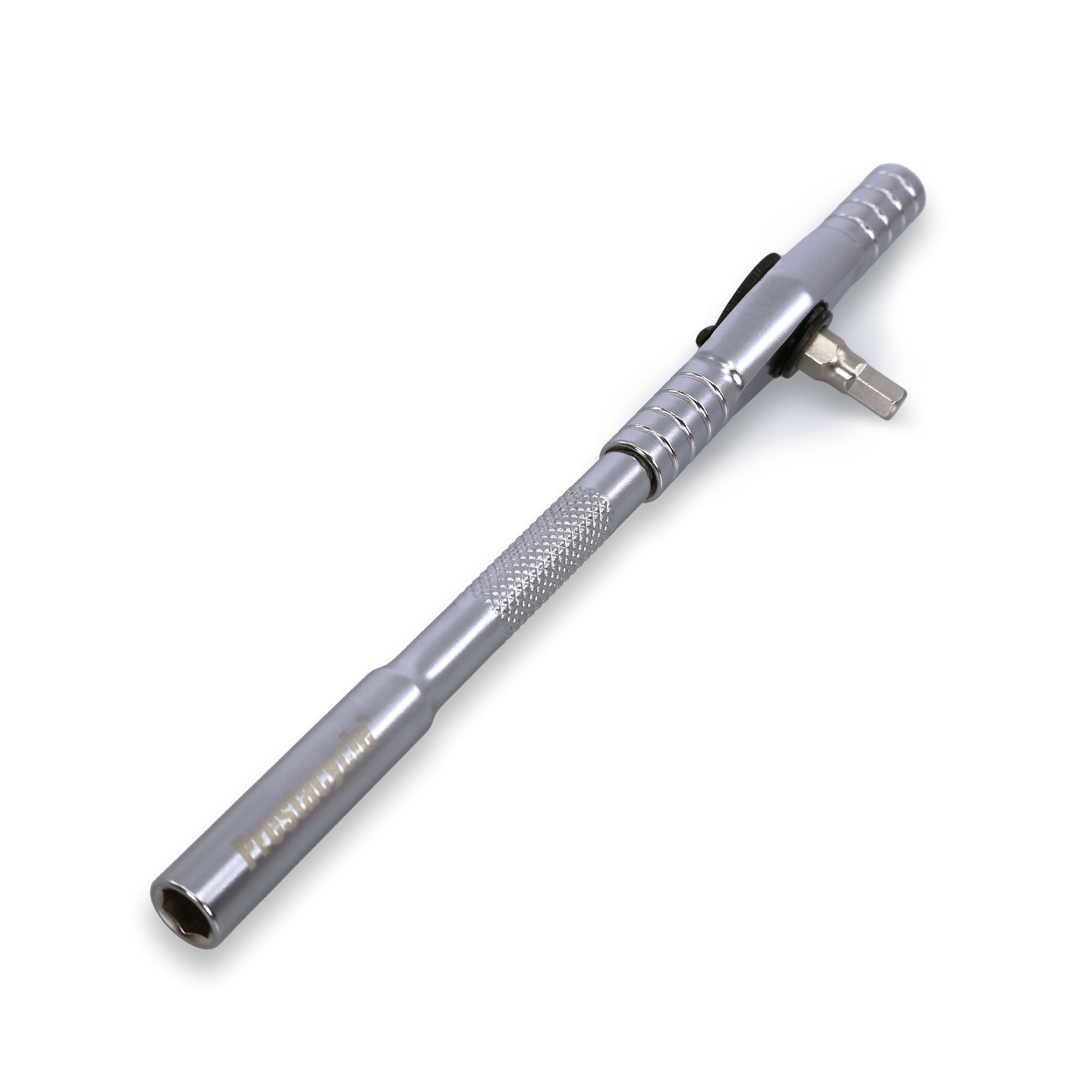 The Prestacycle T-Ratchet Pro Wallet Kit by Prestacycle features a silver T-handle with a textured grip and adjustable jaw, ideal for Bicycle Hand Tools or S2 Steel Hex Bits, shown against a white background.