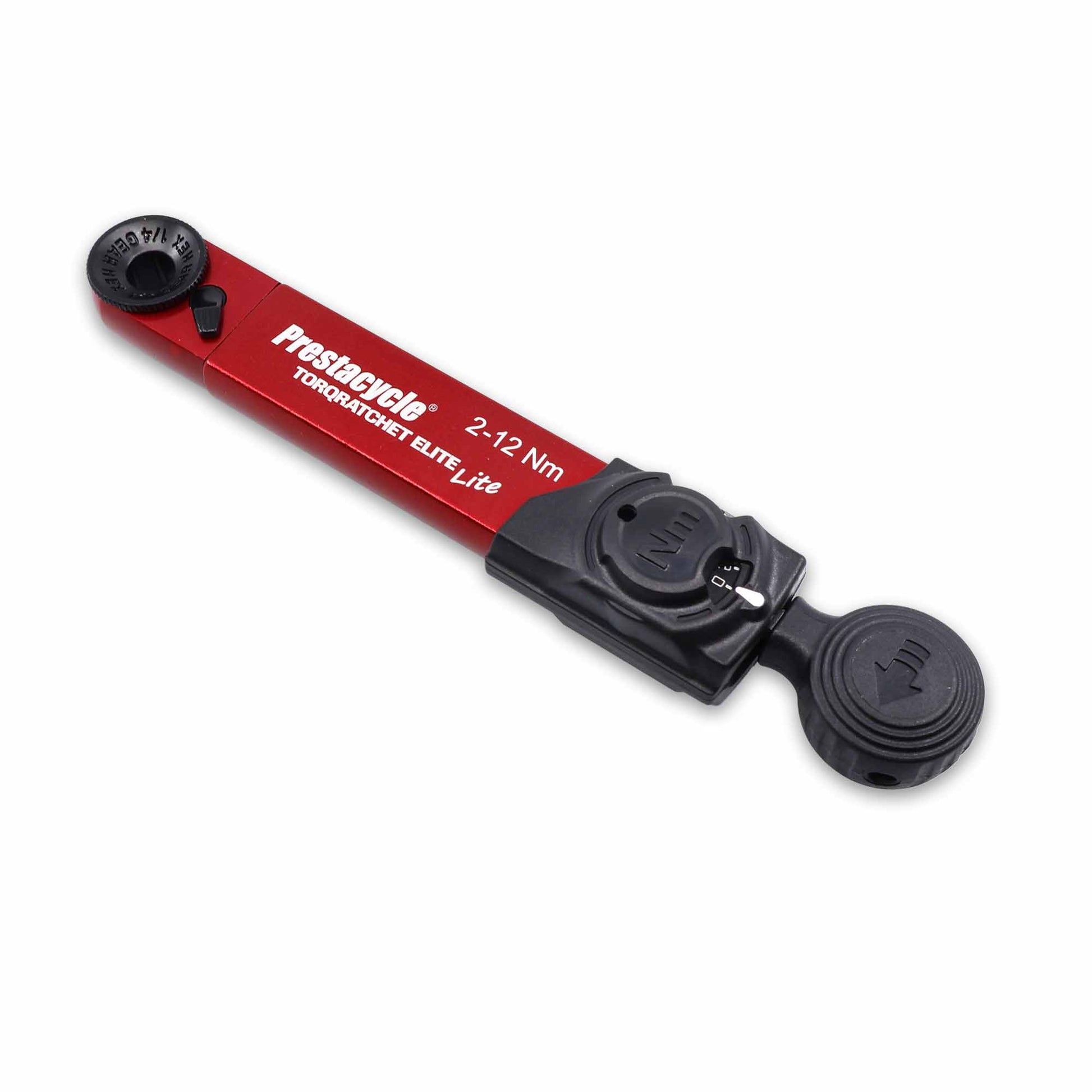The Prestacycle TorqRatchet ELITE Lite is a red and black portable ratchet torque multi-tool, measuring 2–12 Nm with adjustment knobs at both ends—compact enough to fit in your pocket.