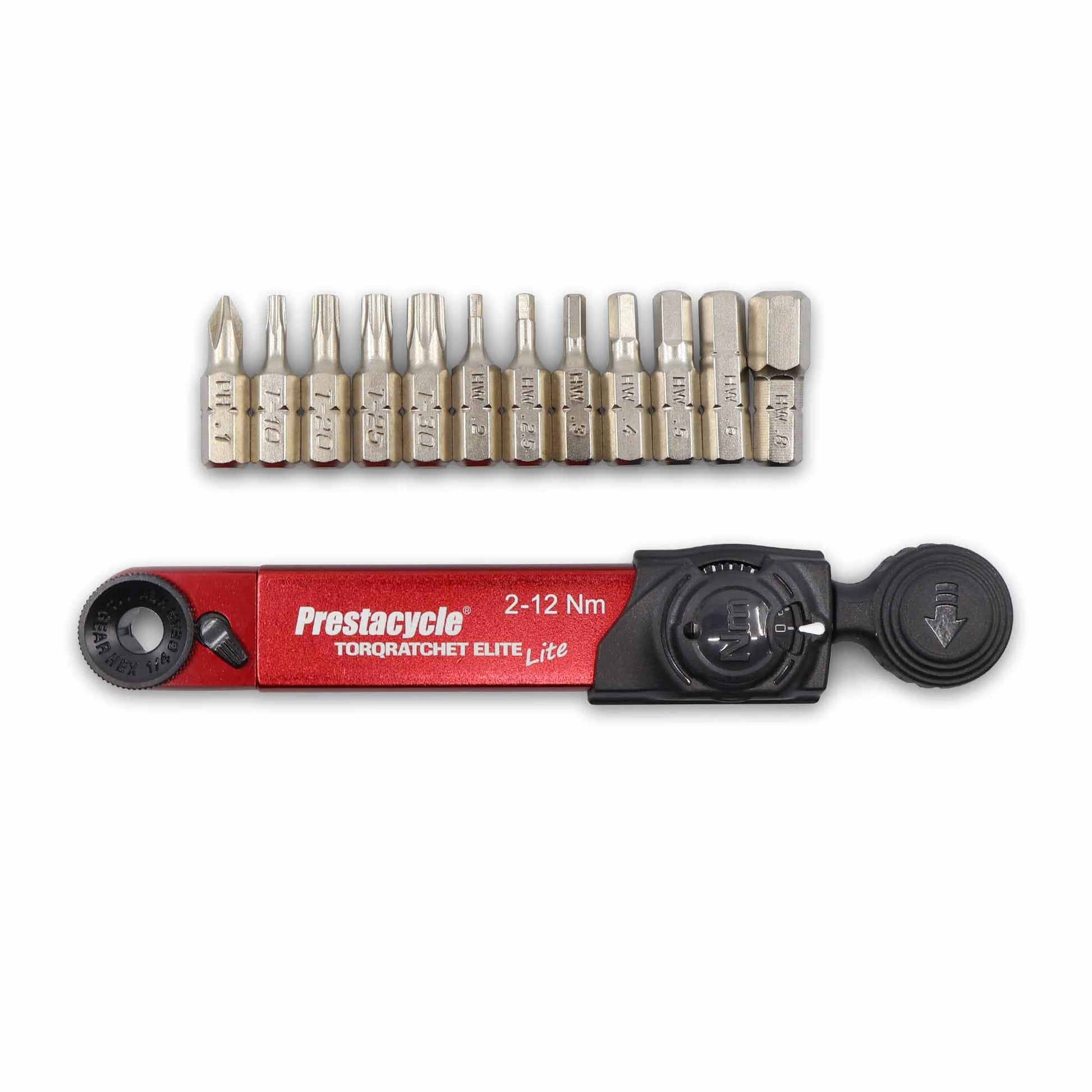 The Prestacycle TorqRatchet ELITE Lite is a red and black portable bike multi-tool with a reversible ratchet, 10 interchangeable bits, and a precise 2–12 Nm torque range.