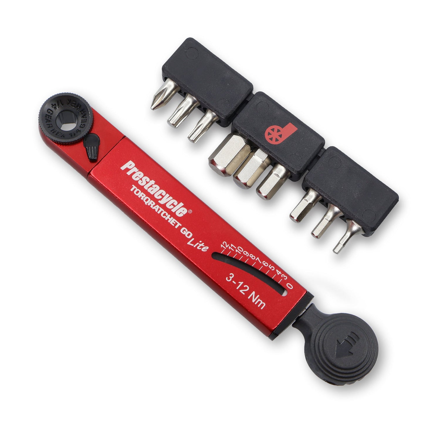 Prestacycle TorqRatchet GO Lite - A red and black torque multi-tool ratchet with a black knob and red handle, labeled for 3-12Nm