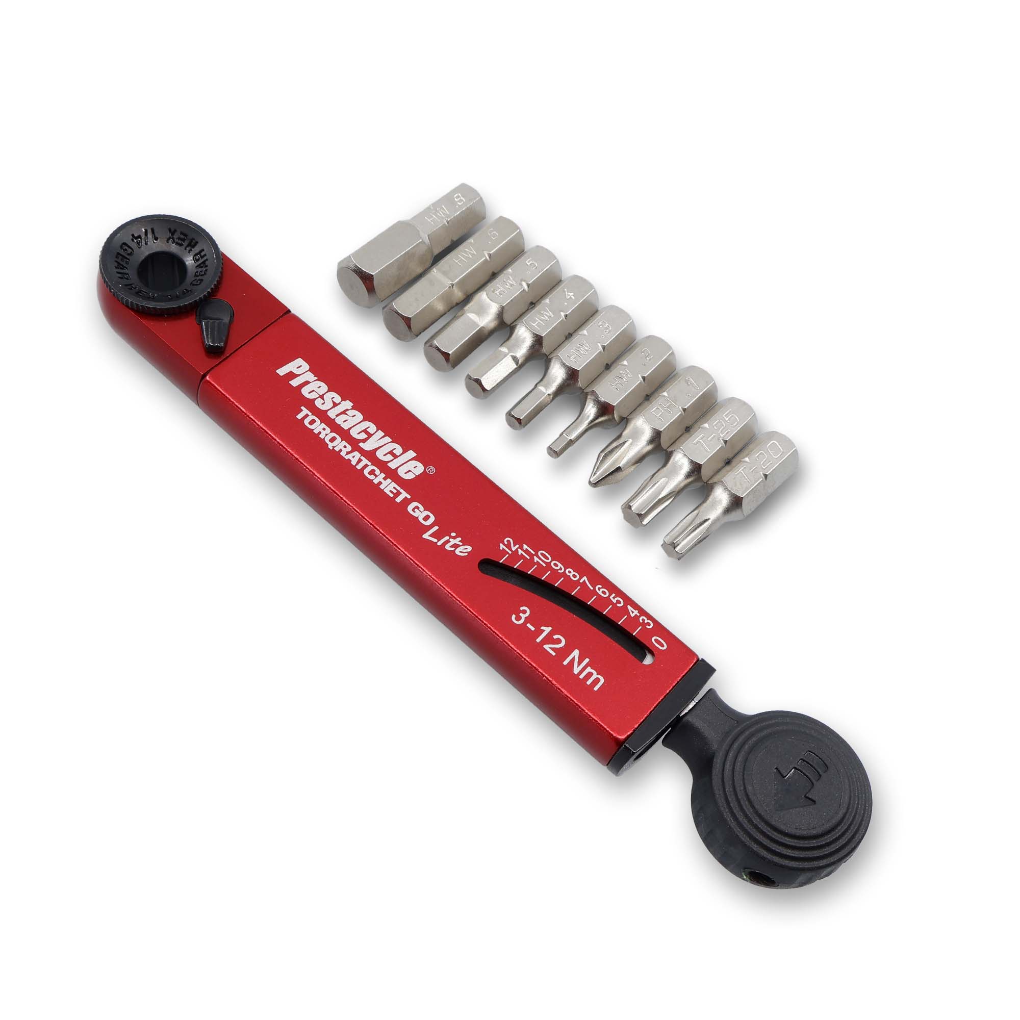 Prestacycle TorqRatchet GO Lite - A red and black torque multi-tool ratchet with a black knob and red handle, labeled for 3-12Nm