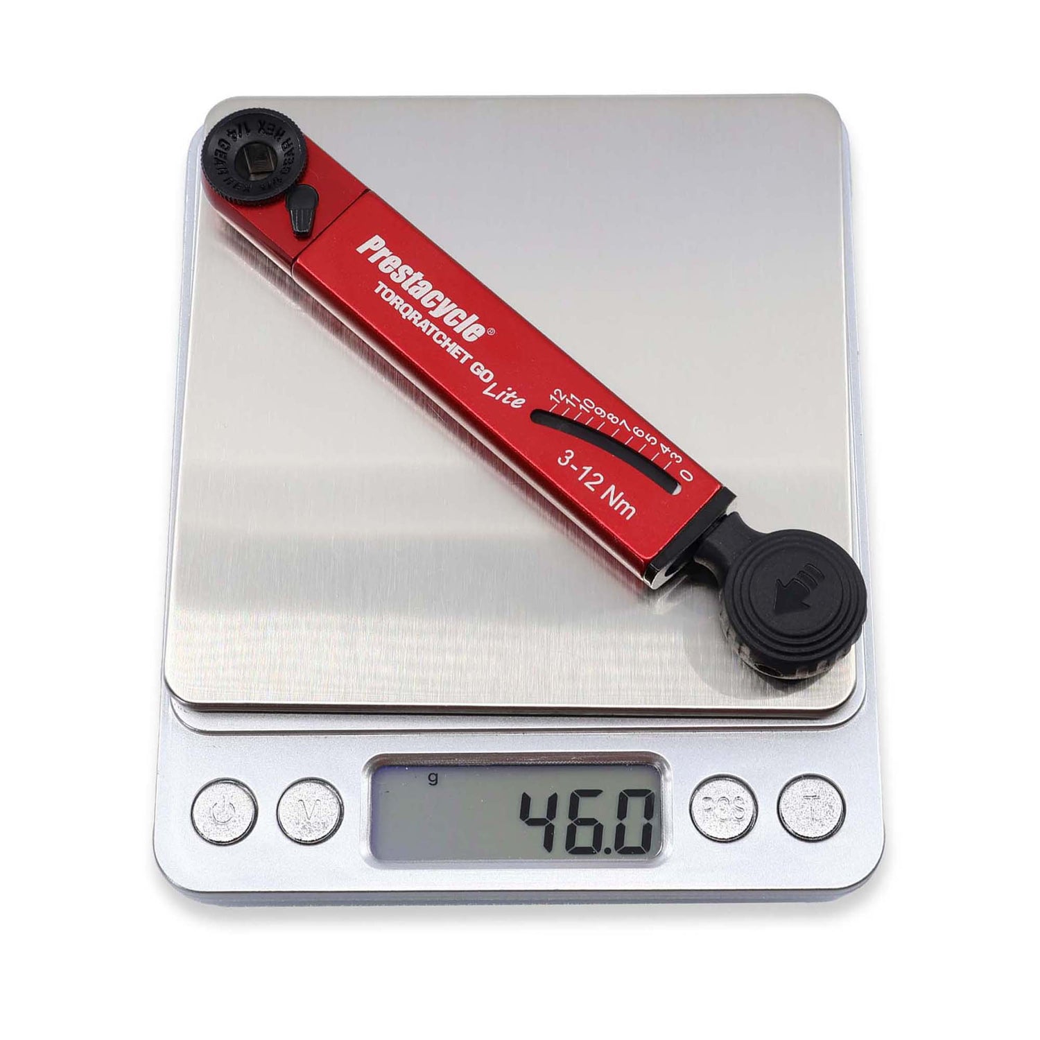 Prestacycle TorqRatchet GO Lite - A red and black torque multi-tool ratchet with a black knob and red handle, labeled for 3-12Nm