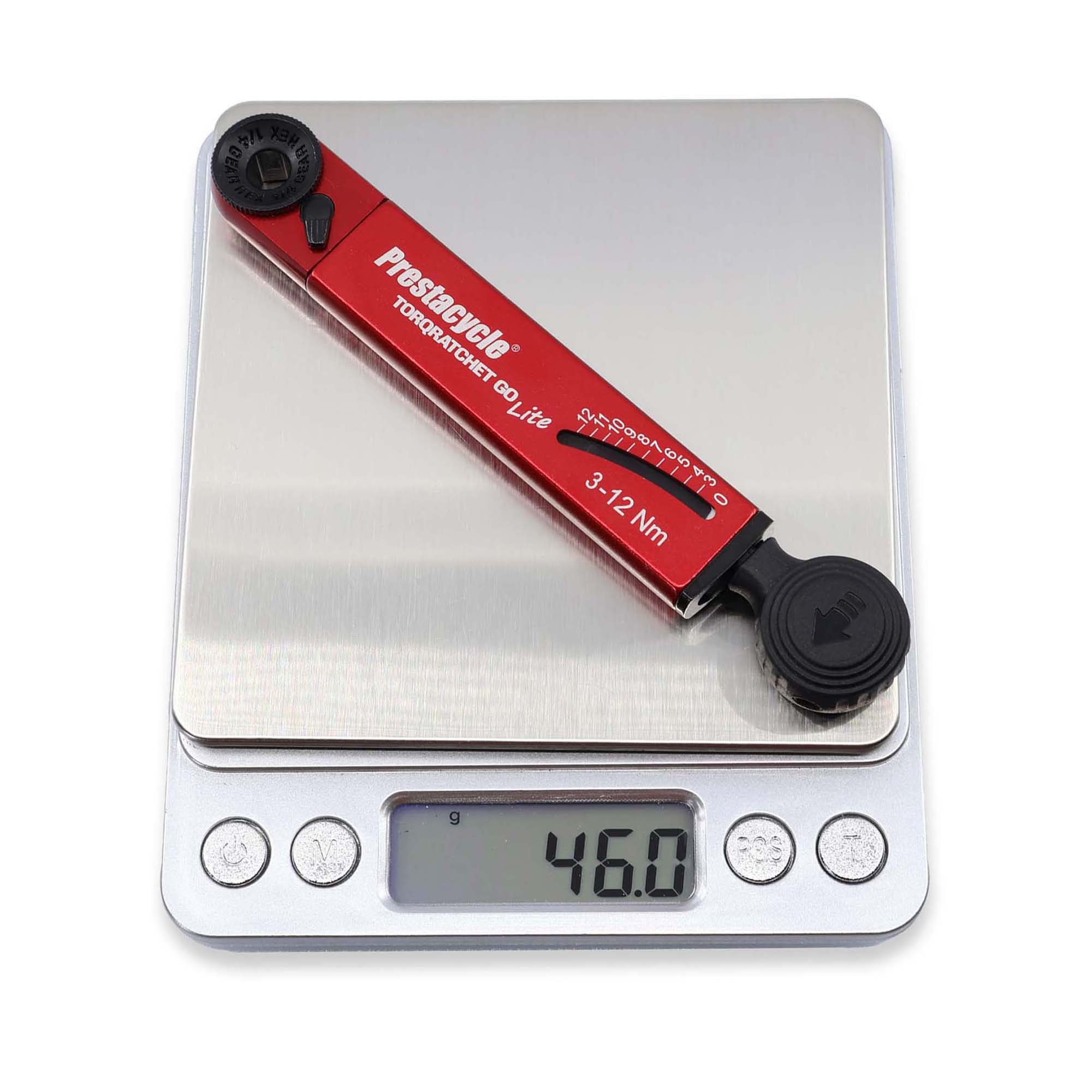 Prestacycle TorqRatchet GO Lite - A red and black torque multi-tool ratchet with a black knob and red handle, labeled for 3-12Nm