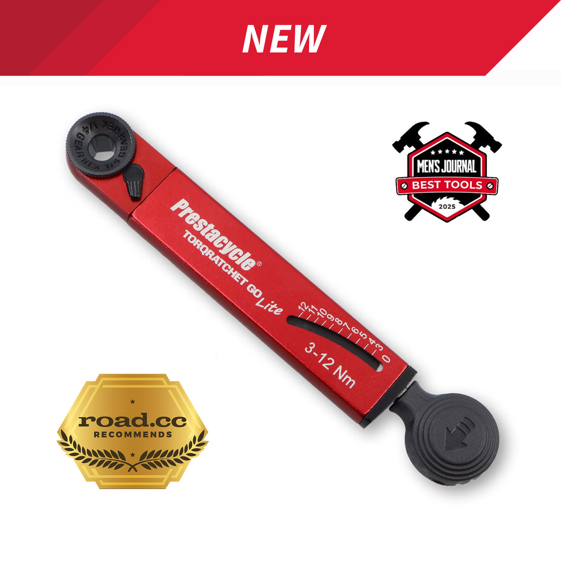 A red Prestacycle TorqRatchet GO Lite - Portable 3~12Nm Torque Multi-tool Ratchet is shown with a reversible ratchet, award badges from Men&