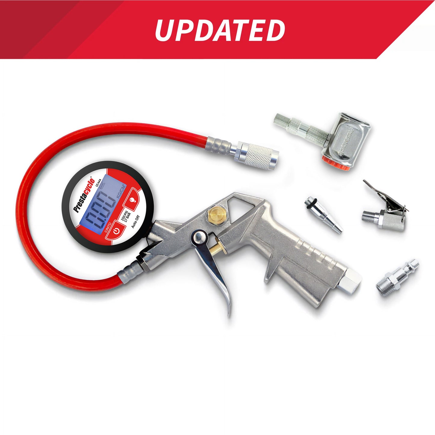 Prestaflator PRO Digital Bicycle Tyre Inflator, compatible with Presta and Schrader valves, featuring a digital display, metal handle, red hose, and multiple nozzle attachments. Red UPDATED banner at top; shown on a white background.