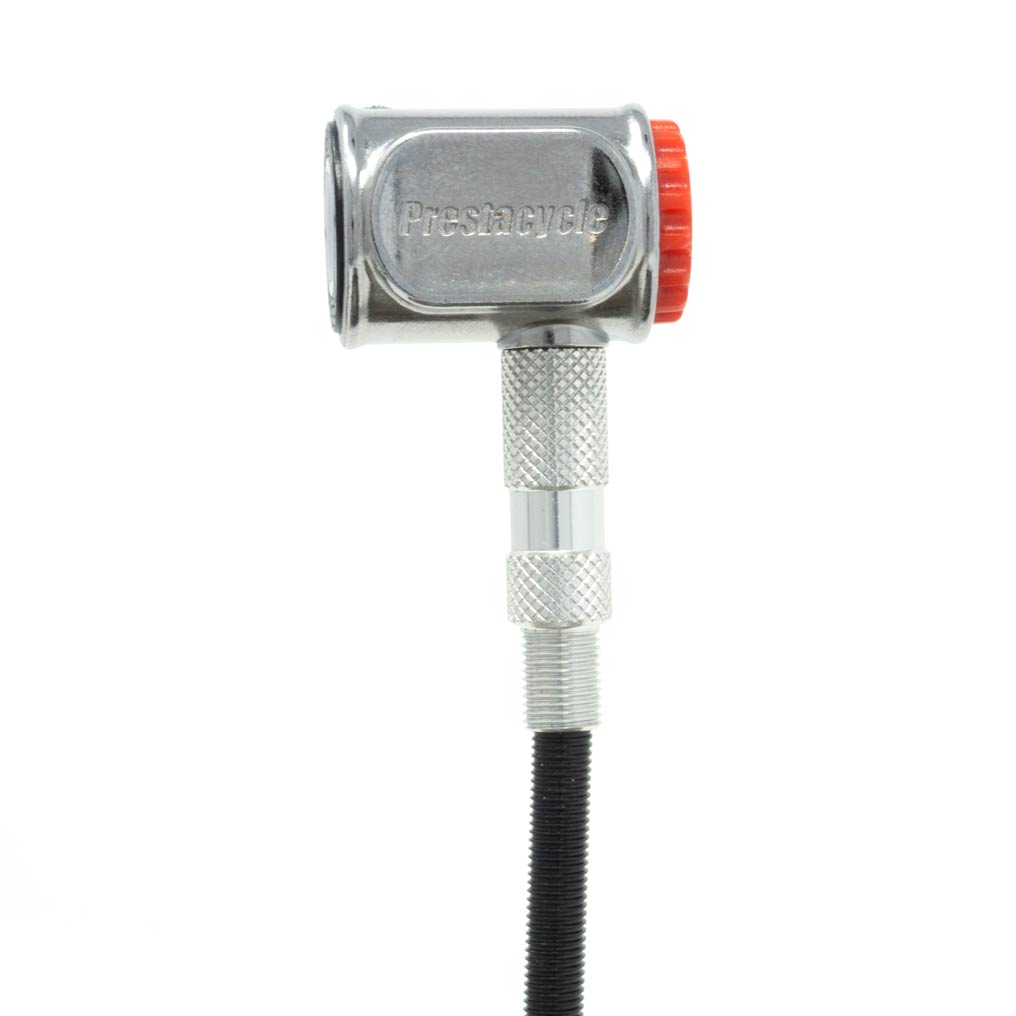 A close-up of the Prestacycle Pro Presta Head, featuring an Auto-lock Presta head, red adjustment knob, knurled grip, and no-loss disconnect, attached to a black hose against a white background.