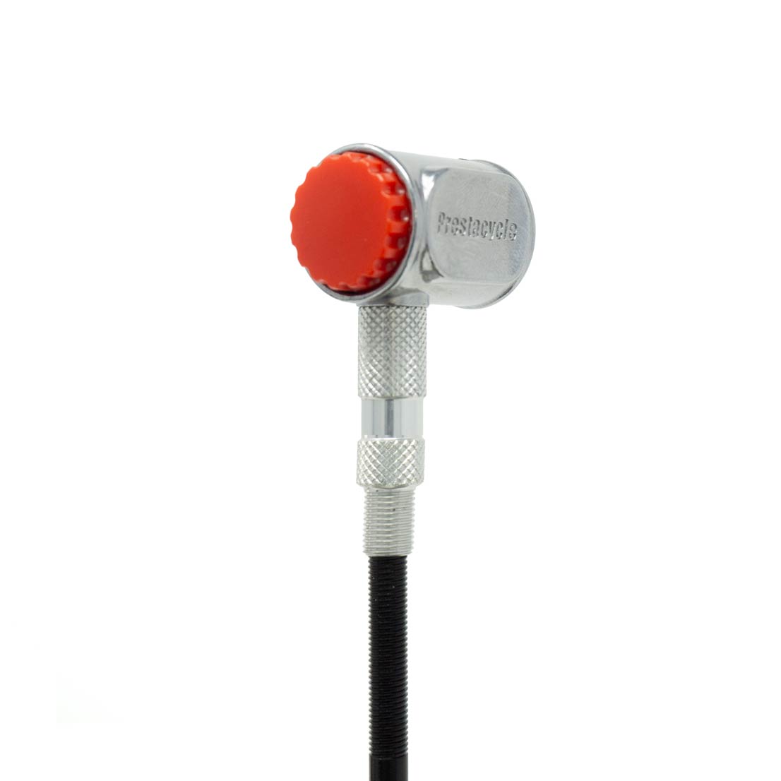 The Prestacycle Pro Presta Head is a silver inflator head with a textured handle and red cap, attached to a black hose for efficient, no-loss disconnect inflation, shown on a white background.