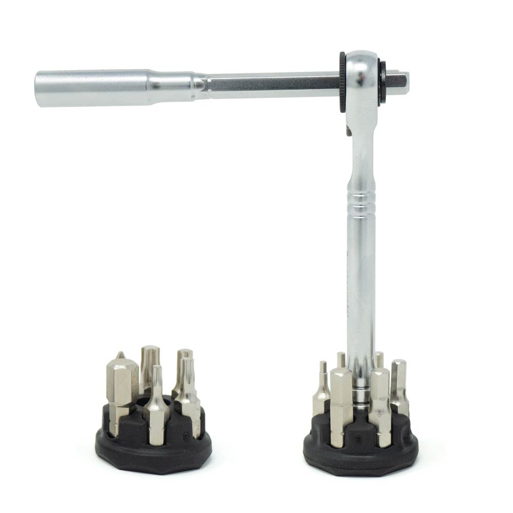 The Prestacycle Pro T-Handle Kit with 12 S2 bits and 2 round holders stands upright, providing a versatile desktop ratchet set for everyday tasks.