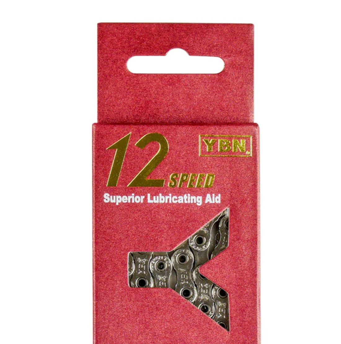The YBN SLA1210 12 Speed Chain comes in red packaging with gold and green "12 Speed Superior Lubricating Aid" text, a cutout showing the silver chain inside—ideal for Shimano cassettes and featuring an SLA-Teflon coating.