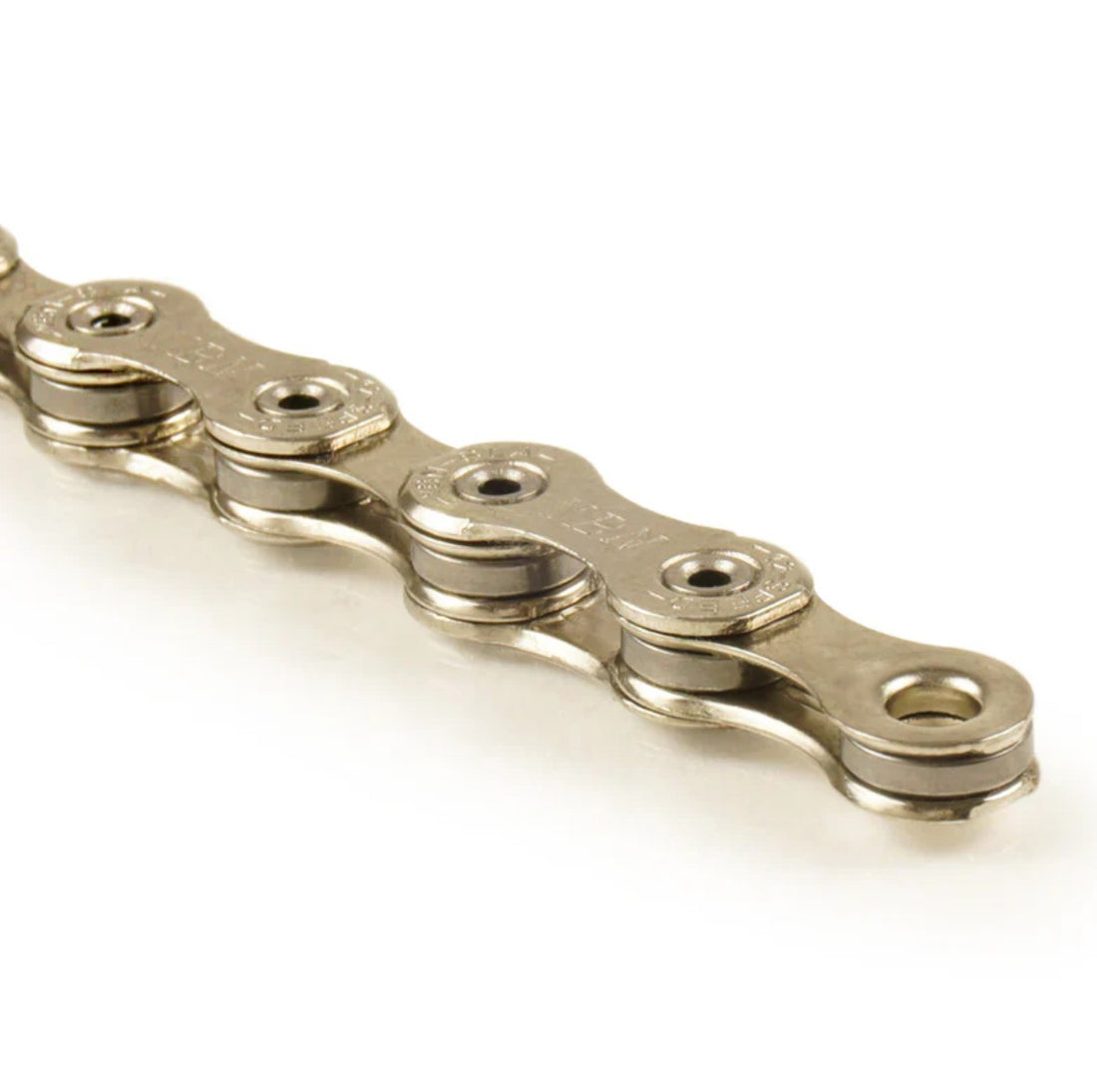 A close-up of the YBN SLA1210 12 Speed Chain shows its interlocking links and sleek silver finish with SLA-Teflon coating against a white background.