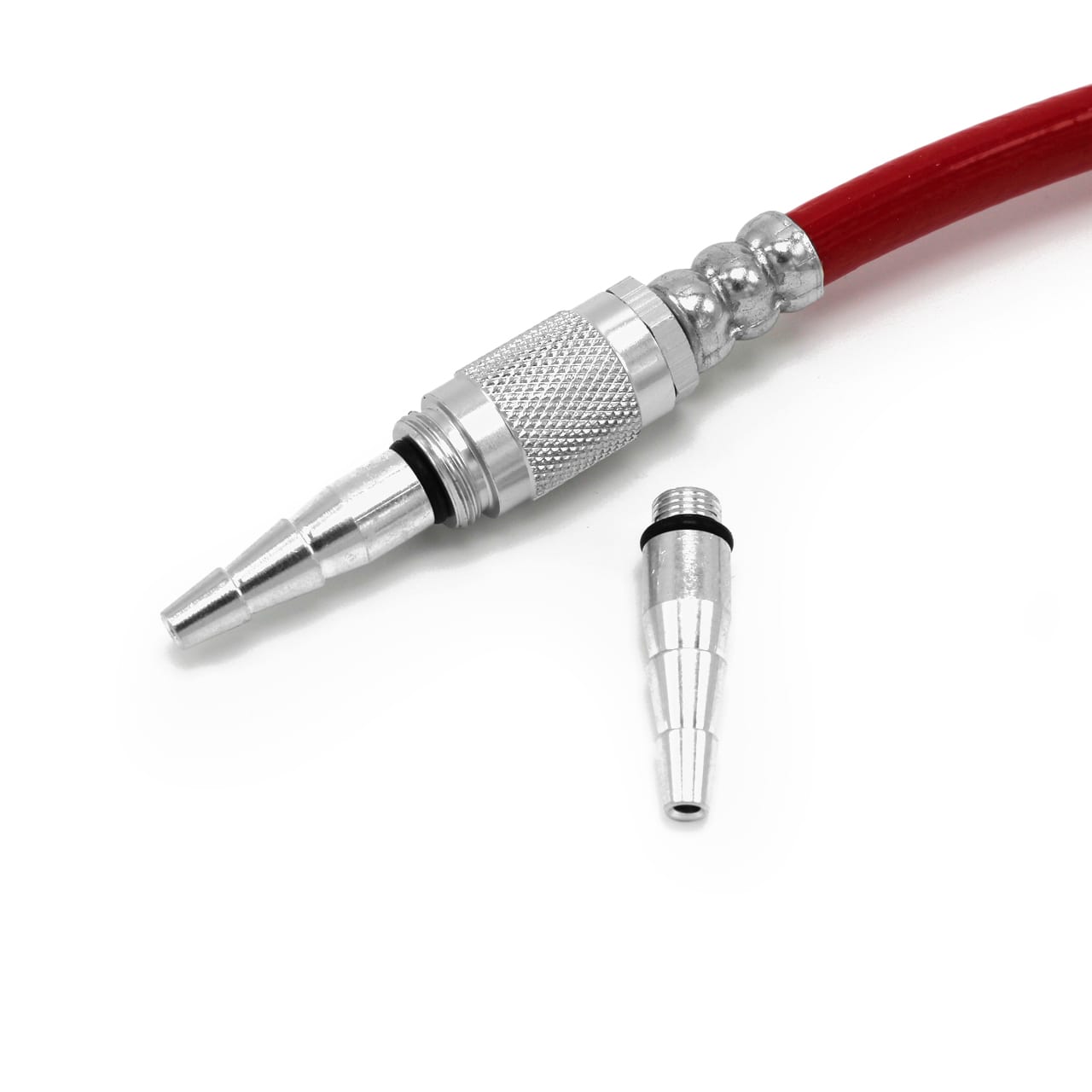 A close-up of a red Prestacycle air hose with a silver connector and matching Pro Presta head fitting, shown beside the Prestaflator PRO Bicycle Tire Inflator—an air compressor tool for Presta &amp; Schrader valves—on a white background.