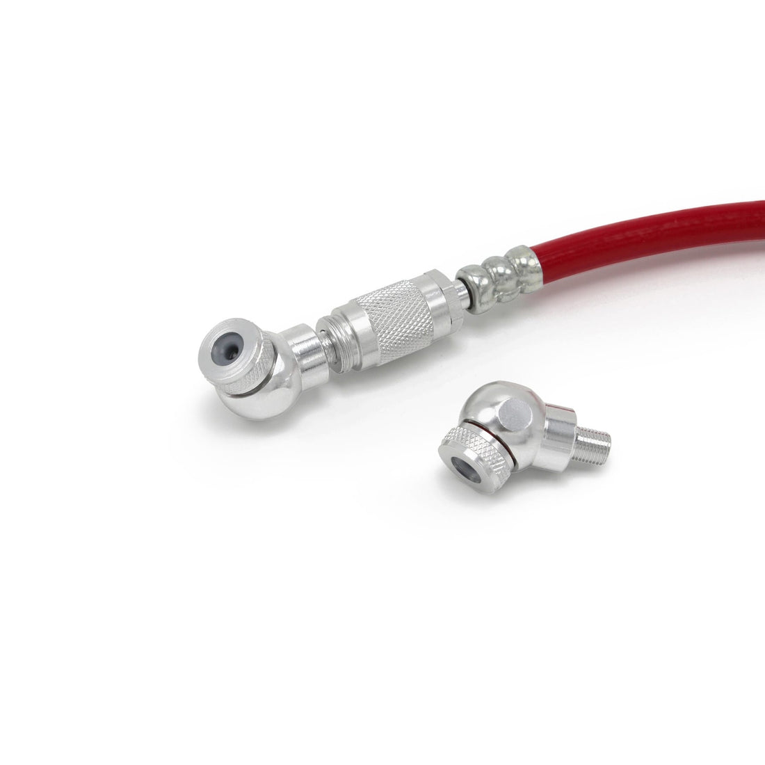 A Prestacycle Angle Mini Presta Head, with a red hose and silver metal connector at one end, plus a separate silver fitting nearby, is displayed on a white background.