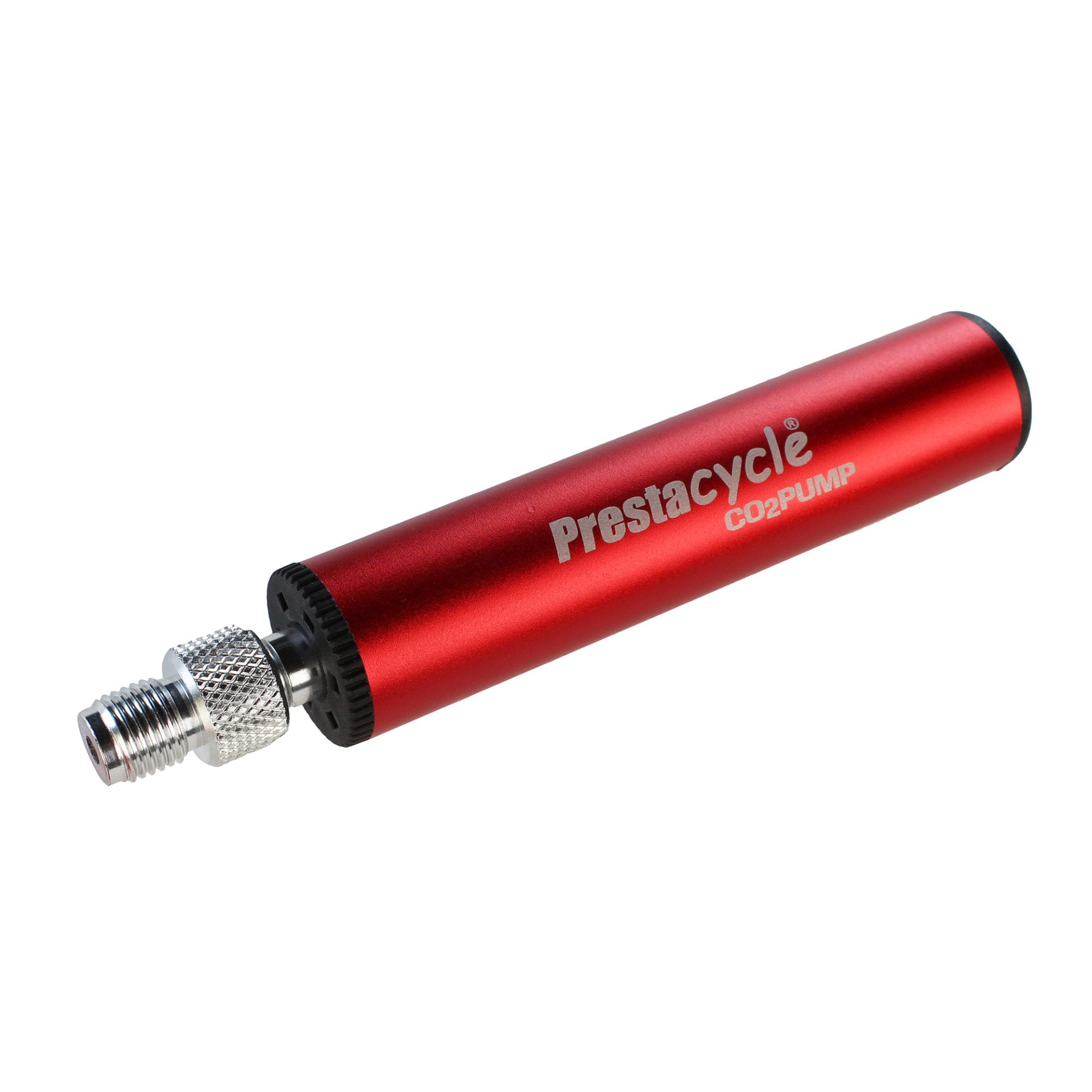 The Prestacycle Alloy CO2 Pump is a red high-pressure bike pump for inflating bicycle tires, featuring a metallic nozzle and Prestacycle CO2 PUMP printed in white on its cylindrical body.