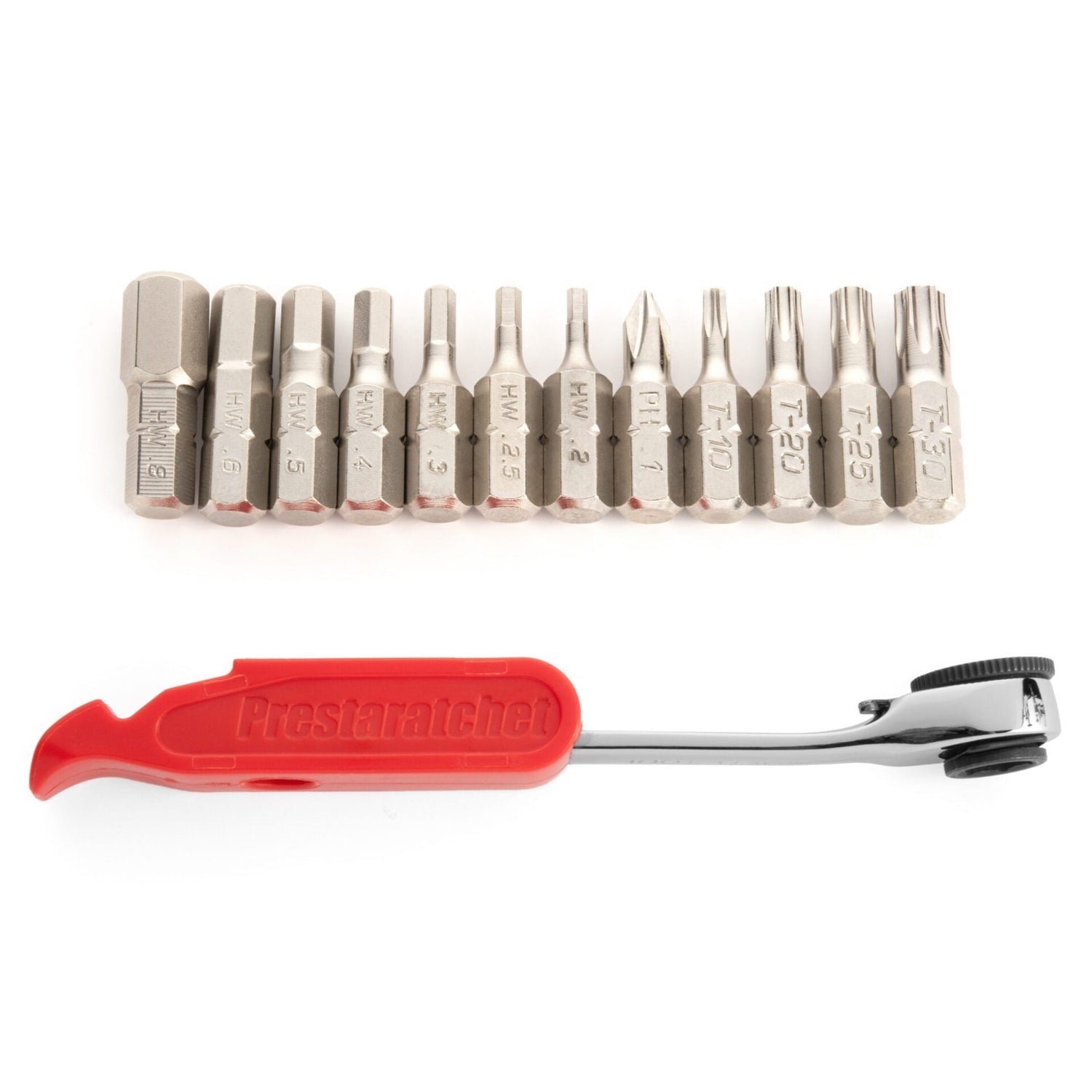 The Prestaratchet GO Wallet - 6 Function Multi-tool with a red handle and reversible ratchet is shown next to 12 interchangeable metal bits in assorted shapes and sizes.