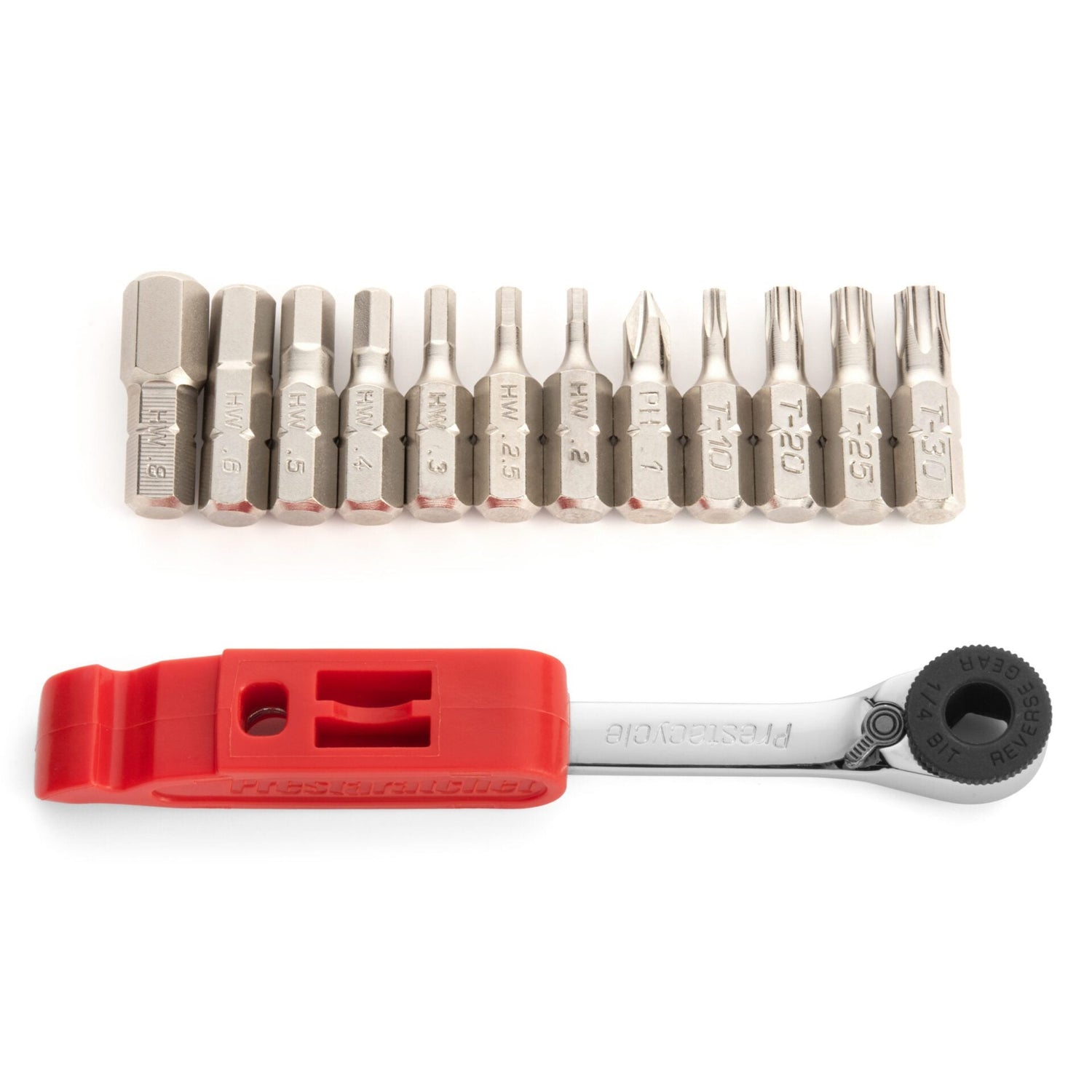 The Prestaratchet GO Wallet is a 6-function multi-tool featuring a compact ratchet screwdriver with a red handle and reversible ratchet, plus 12 interchangeable bits (Phillips, flathead, hex, Torx), arranged for versatility like a bicycle multi-tool.