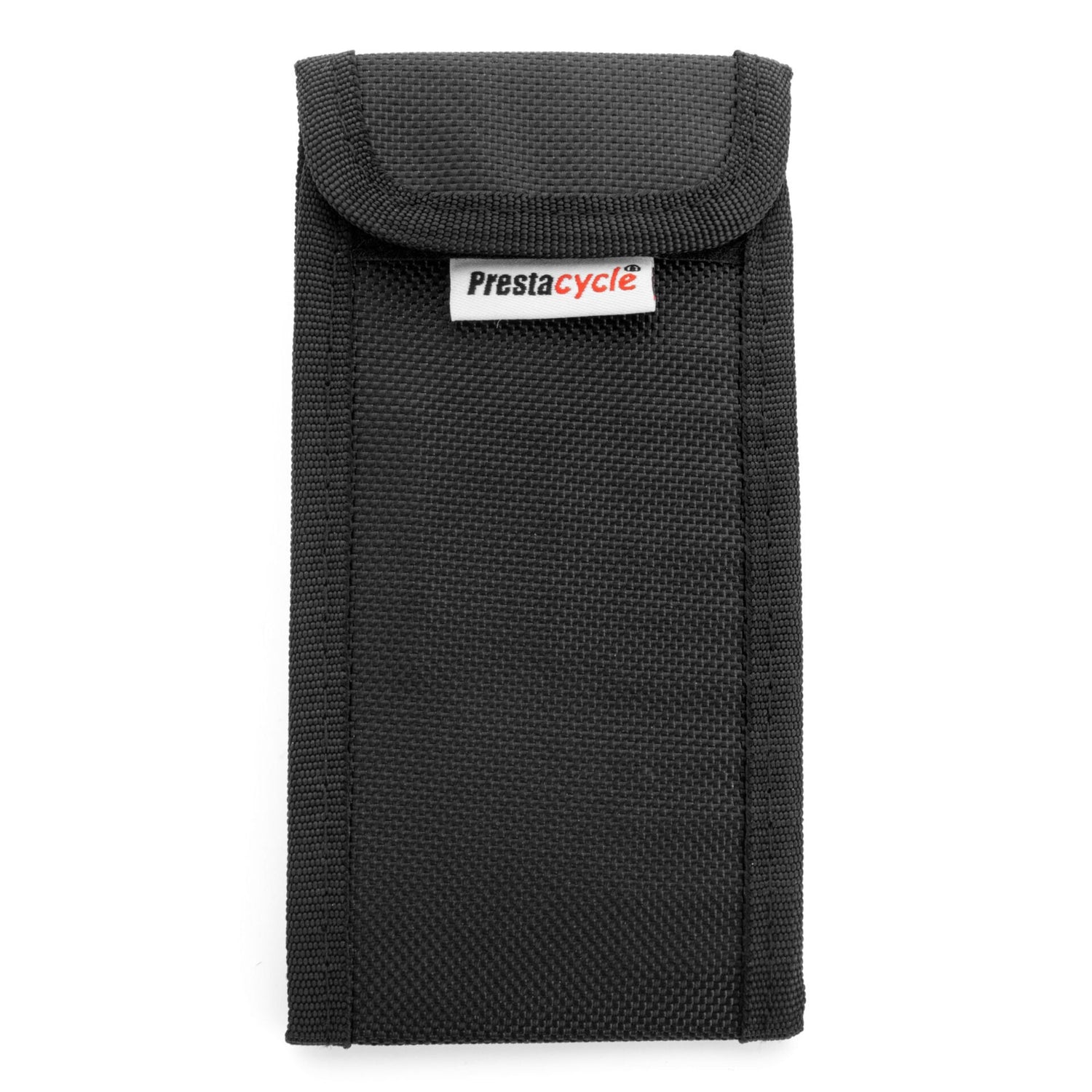 A black fabric pouch with a flap closure and a white Prestacycle label holds the Prestaratchet GO 6-in-1 Multi-tool Wallet Kit, perfect for carrying small tools. Displayed upright against a white background.