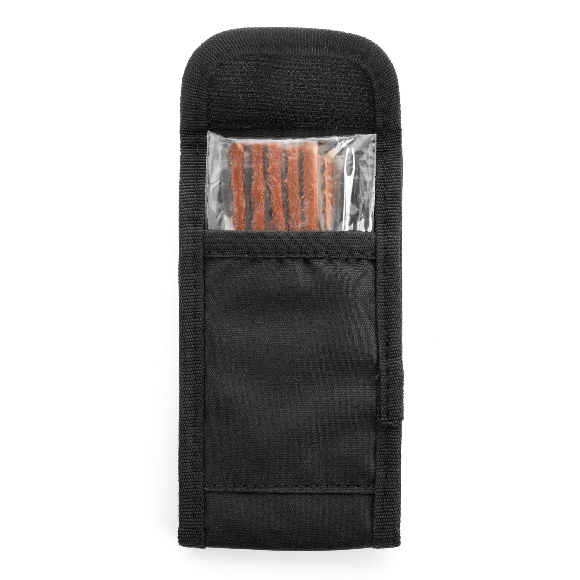 The Prestaratchet GO Wallet - 6 Function Multi-tool is shown closed on a white background. Its black fabric pouch with a clear pocket displays brown cylindrical repair plugs, a small metal tool, and storage for your Prestalever or multi-tool.