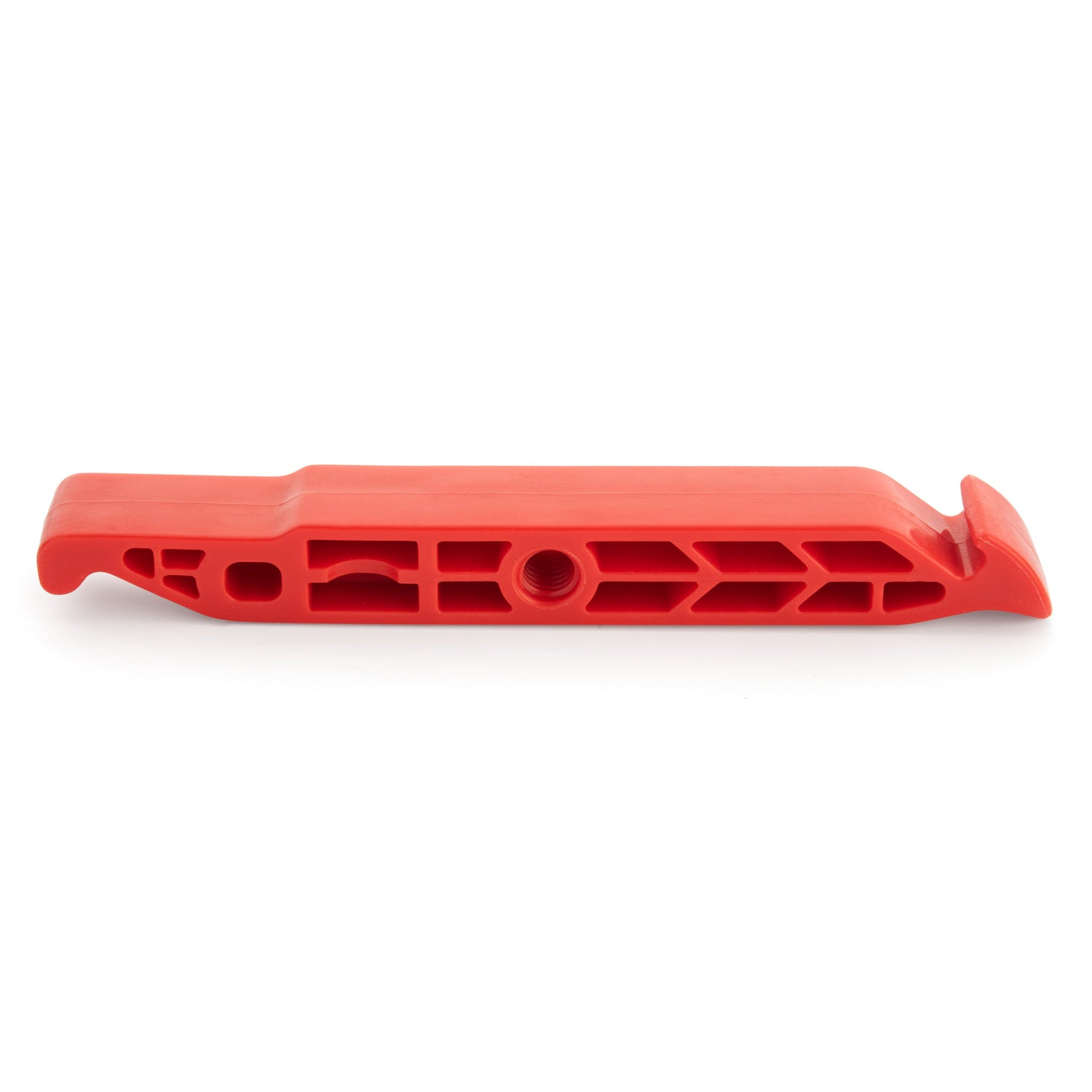 The Prestalever GO - 4/5 Function Multi-tool Tire Lever is a red plastic tool with a textured grip, flat curved end, and geometric cutouts, designed for easy tire removal and ideal for use with tubeless tire pluggers.