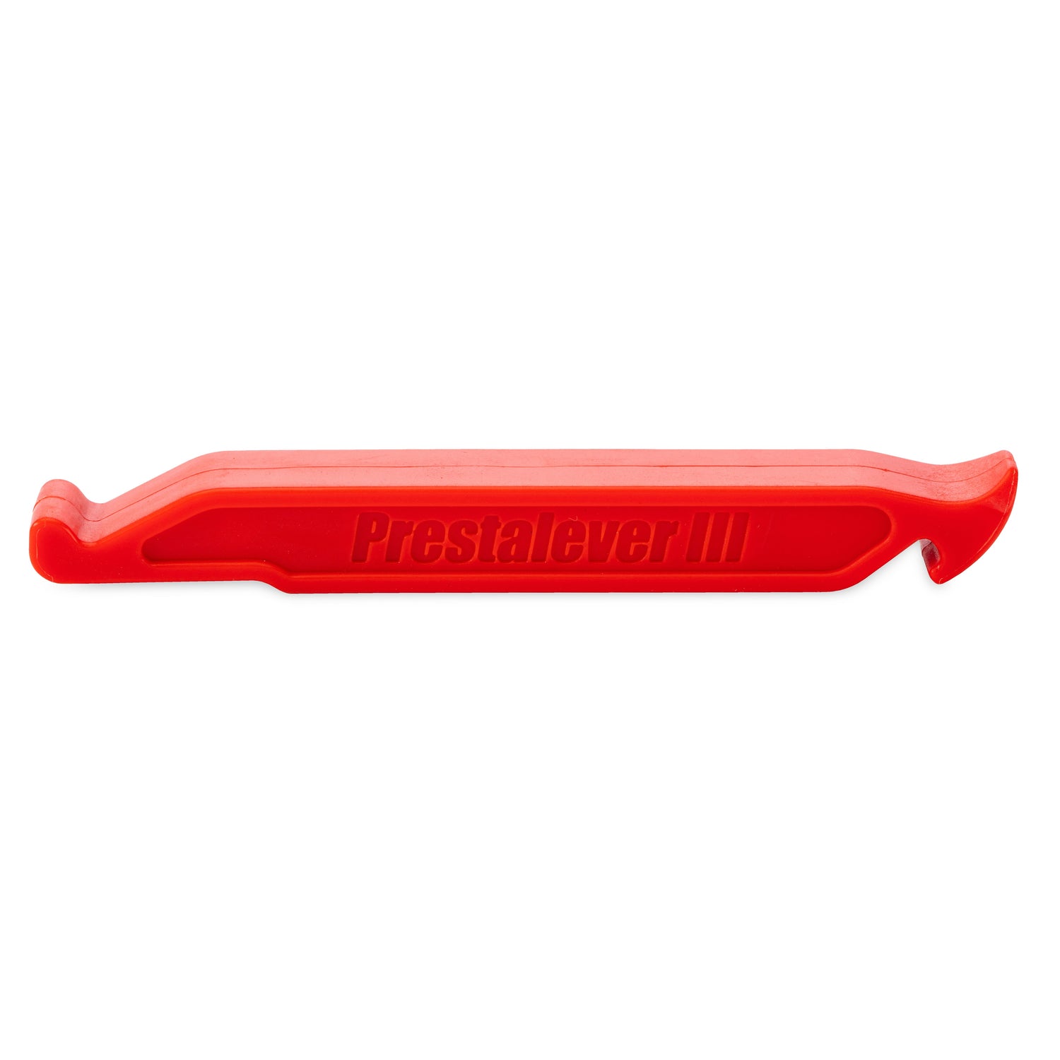 The Prestalever GO - 4/5 Function Multi-tool Tire Lever is a red plastic tire remover for bicycle rims, featuring the product name on its side and compatibility with Presta valve core tool functions.