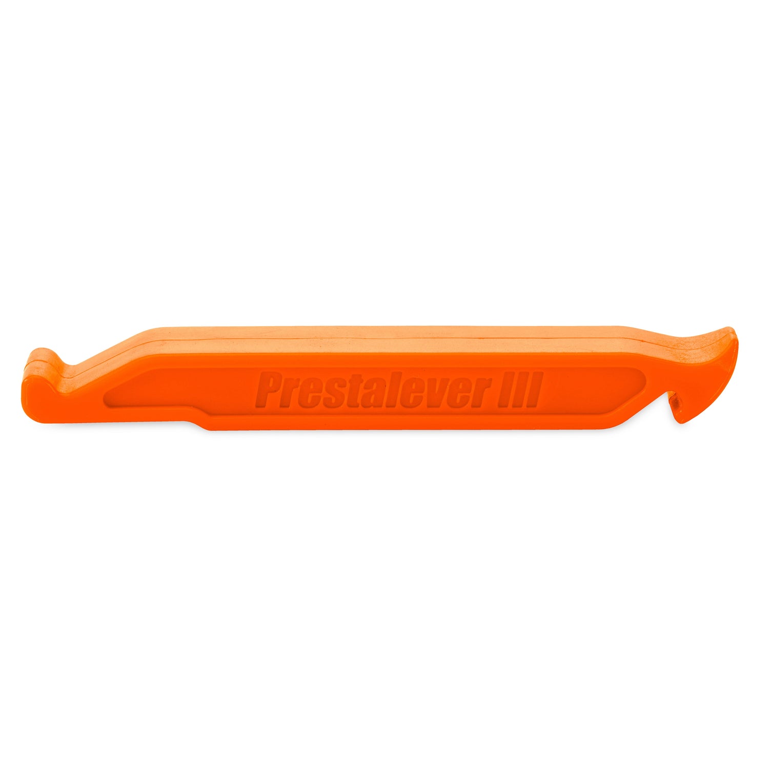 The Prestalever GO - 4/5 Function Multi-tool Tire Lever is an orange plastic tool embossed with Prestalever III, designed for easy tire removal and also serves as a Presta valve core tool for bike tires.