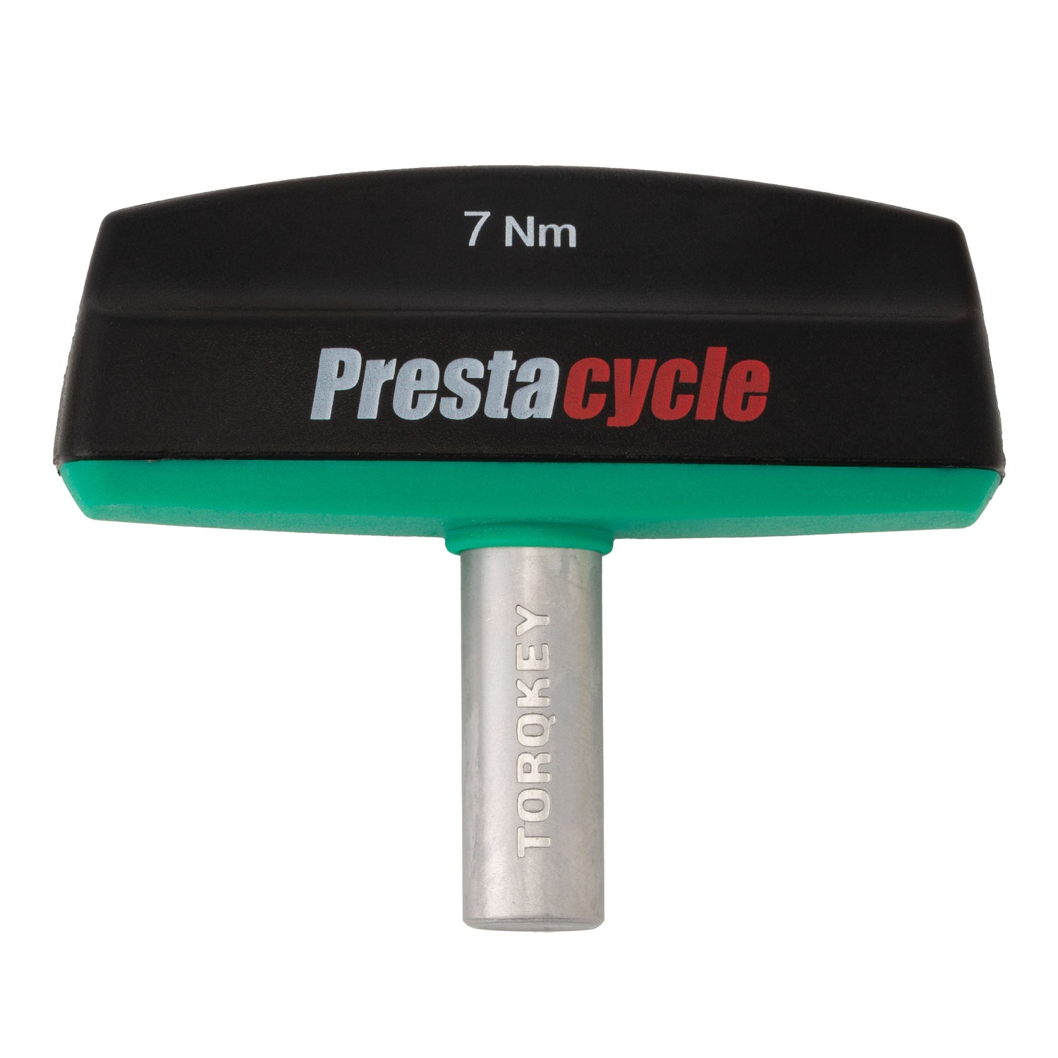 The Prestacycle Pro TorqKeys 7Nm T-Handle Torque-Limiting Bits Tool features an ergonomic black and green handle, a silver TORQKEY shaft, and 7 Nm marking on top—perfect for precise, maintenance-free performance.