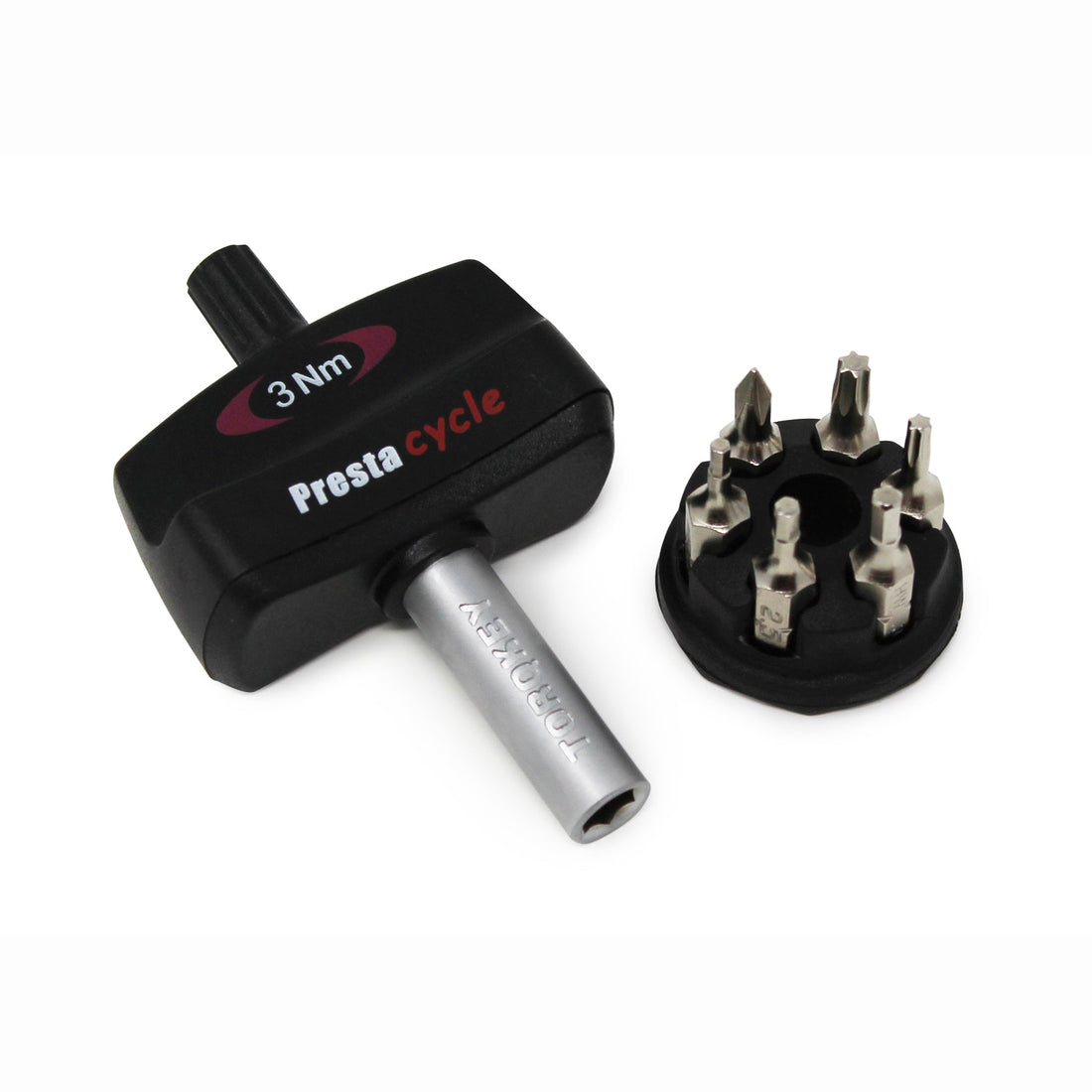 The Prestacycle Mini TorqKeys 3Nm Preset Torque Tool is shown with its circular holder containing six nickel-plated S2 steel bits.