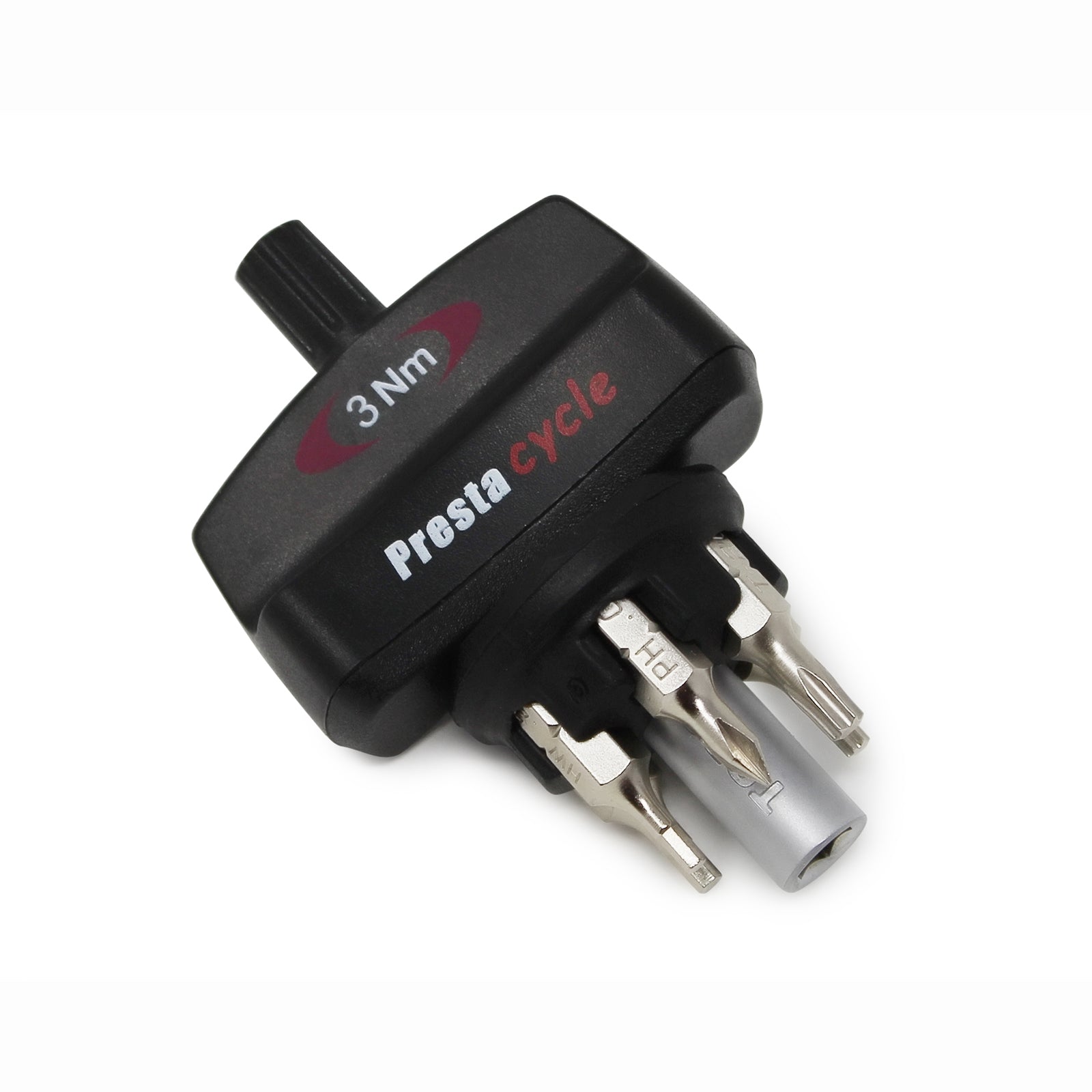 The Prestacycle Mini TorqKeys 3Nm Preset Torque Tool comes in black with six metal bits and a holder—perfect for precise bike maintenance. The Prestacycle logo appears on the side in blue and red letters.