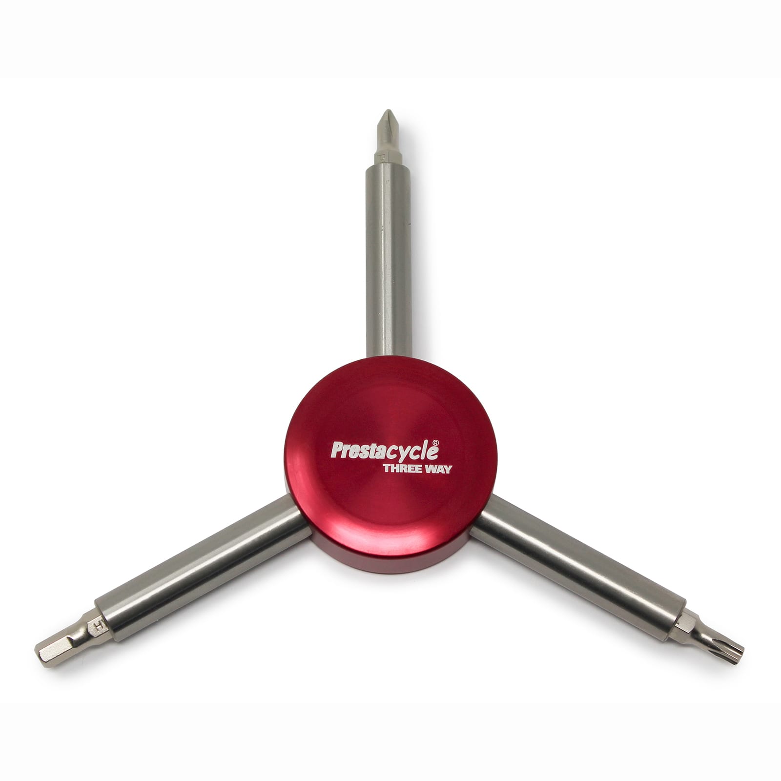 The Prestacycle Three Way Y Bits Tool features heavy-duty metal arms, each with a different replaceable bit in a Y-shaped design, shown here in red on a white background.