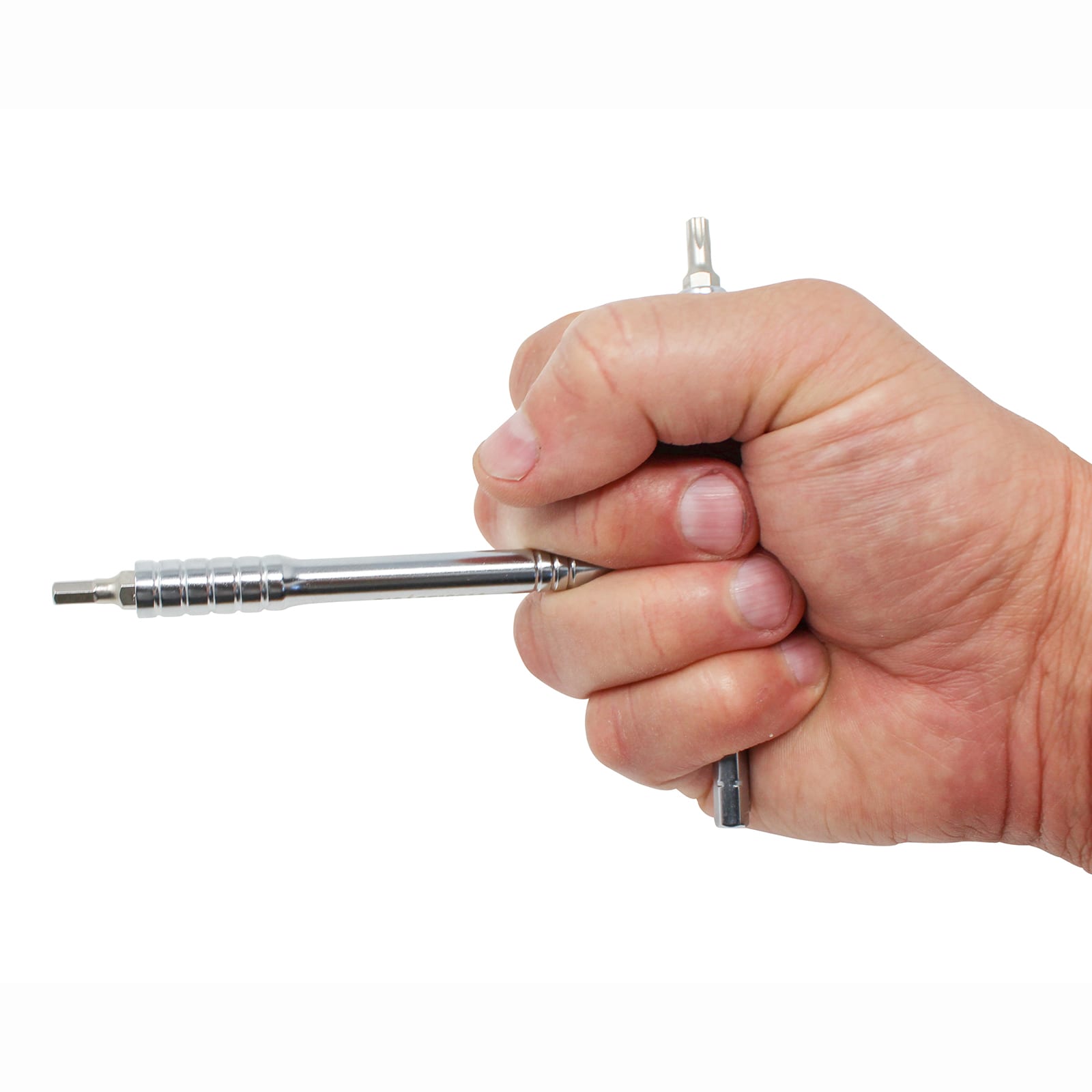 A hand holds the Prestacycle T-Handle Ratchet Wallet, a silver 3-way ratchet and T-handle tool kit with a cylindrical, ridged grip, displayed horizontally against a white background.