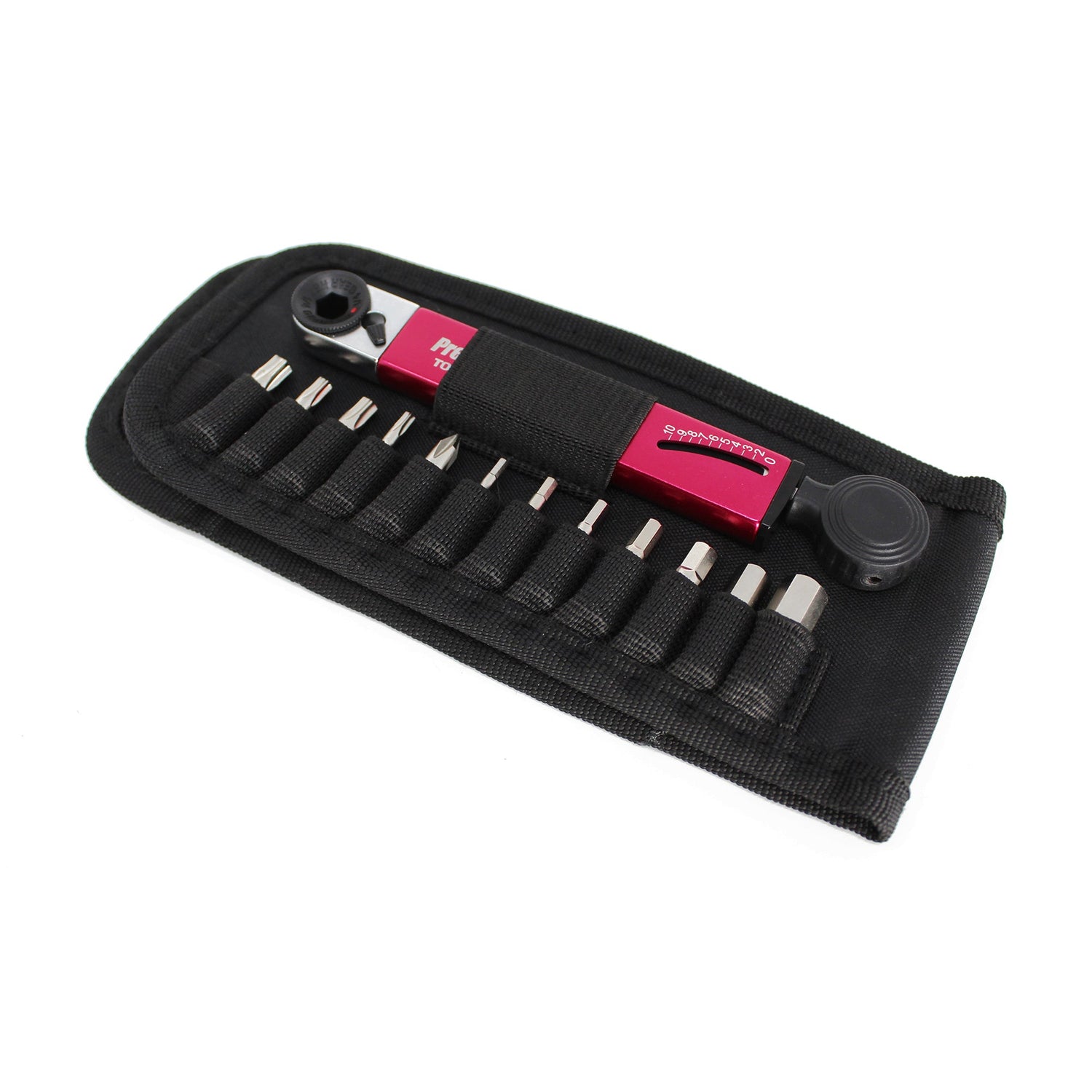 The Prestacycle TorqRatchet PRO Wallet is a compact pro pocket multi-tool with a red-handled 2~10Nm torque ratchet, multiple interchangeable bits, and an extension, all neatly organized in a black fabric case.