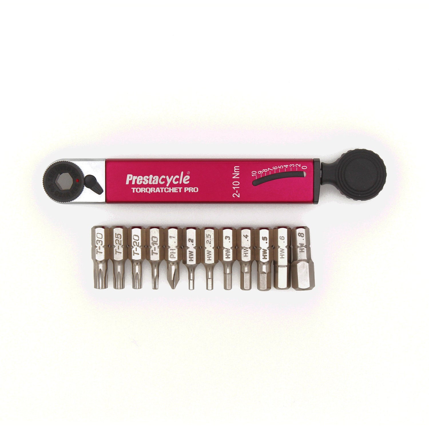 The red Prestacycle TorqRatchet PRO Wallet is a pro multi-tool with a reversible ratchet and 2~10Nm torque, including twelve interchangeable metal bits neatly arranged below the tool.