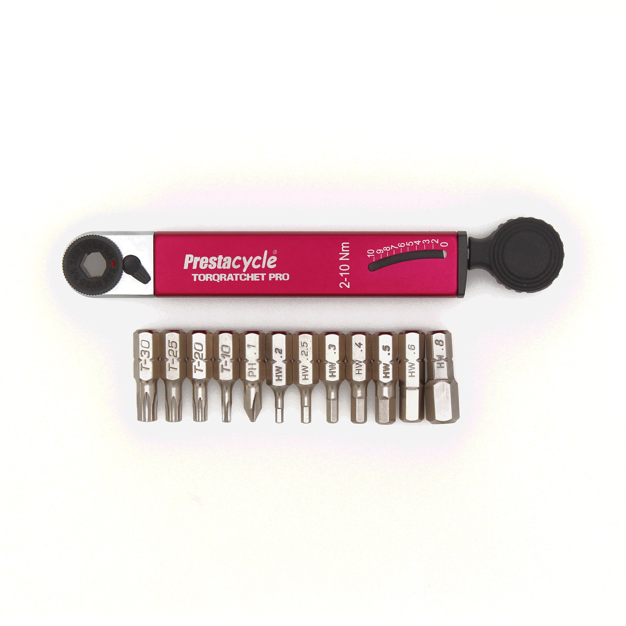 The red Prestacycle TorqRatchet PRO Wallet is a pro multi-tool with a reversible ratchet and 2~10Nm torque, including twelve interchangeable metal bits neatly arranged below the tool.
